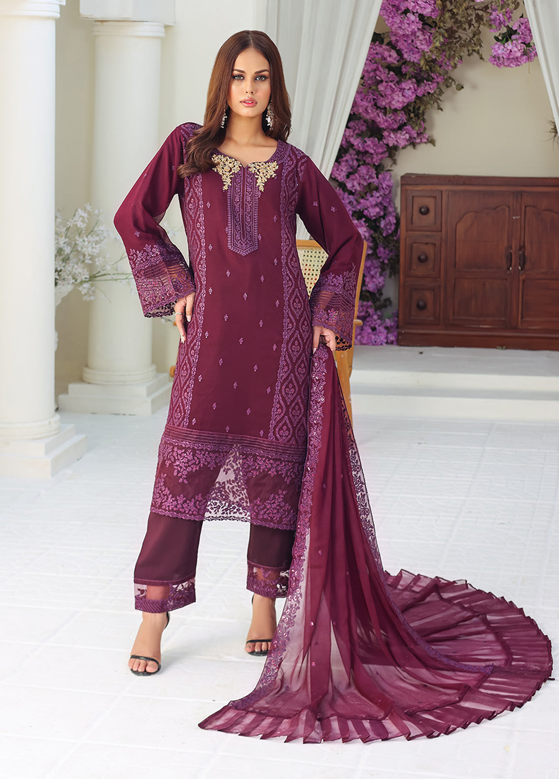Daastan by Polawn Embroidered Unstitched 3 Piece Chiffon Suit PD-23-404- Party Wear