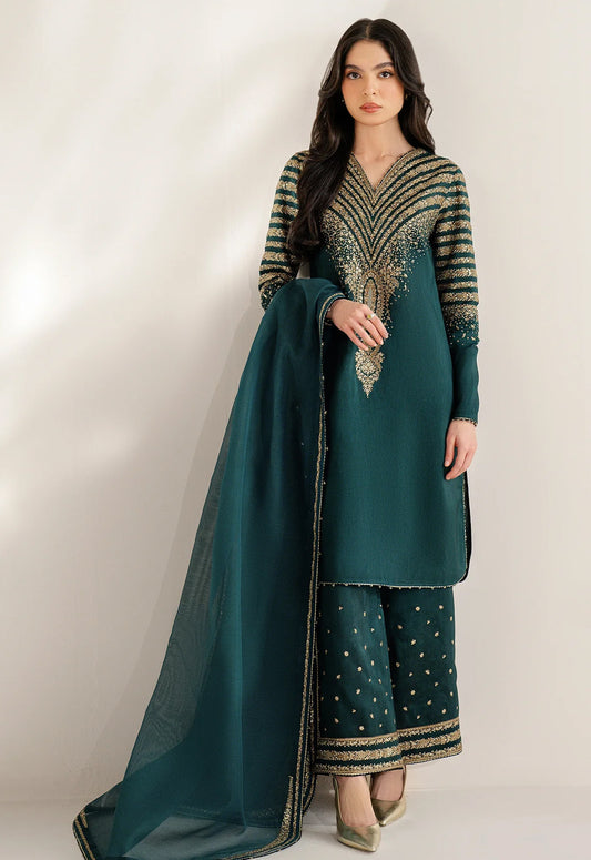 Embroidered Silk 3 Piece Unstitched Suit Kay Green-JC-UR-7056 - Party Wear