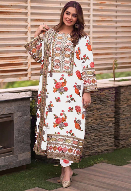 Embroidered Silk 3 Piece Unstitched Suit WHITE-ACL-LUX-15-25 - Party Wear