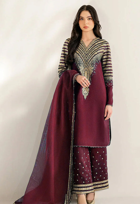 Embroidered Silk 3 Piece Unstitched Suit MAROON-JC-UR-7056 - Party Wear
