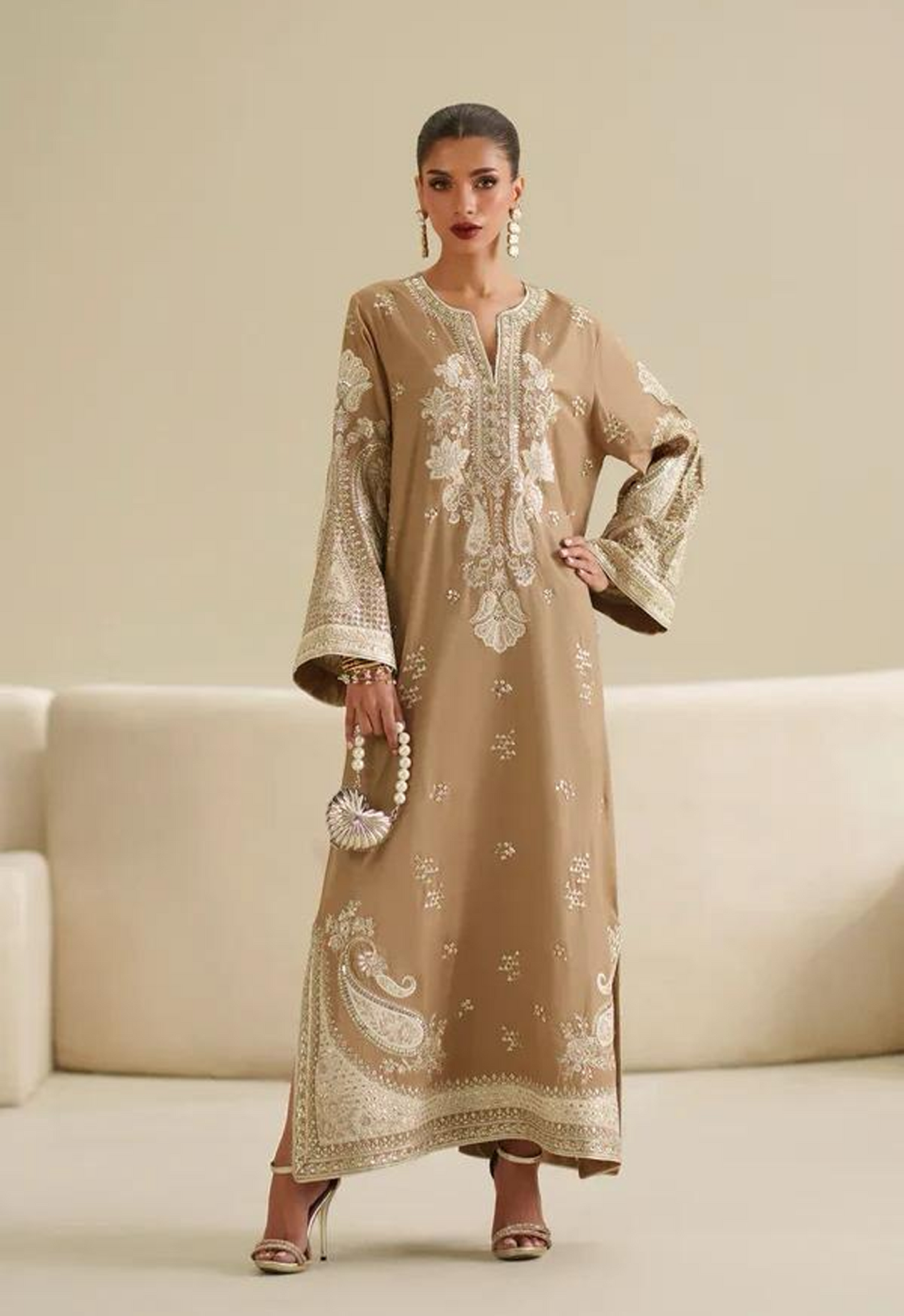 Embroidered Kaftaan Charmeuse Silk 2 Piece Unstitched Suit EK-E1075/104/007 - Party Wear