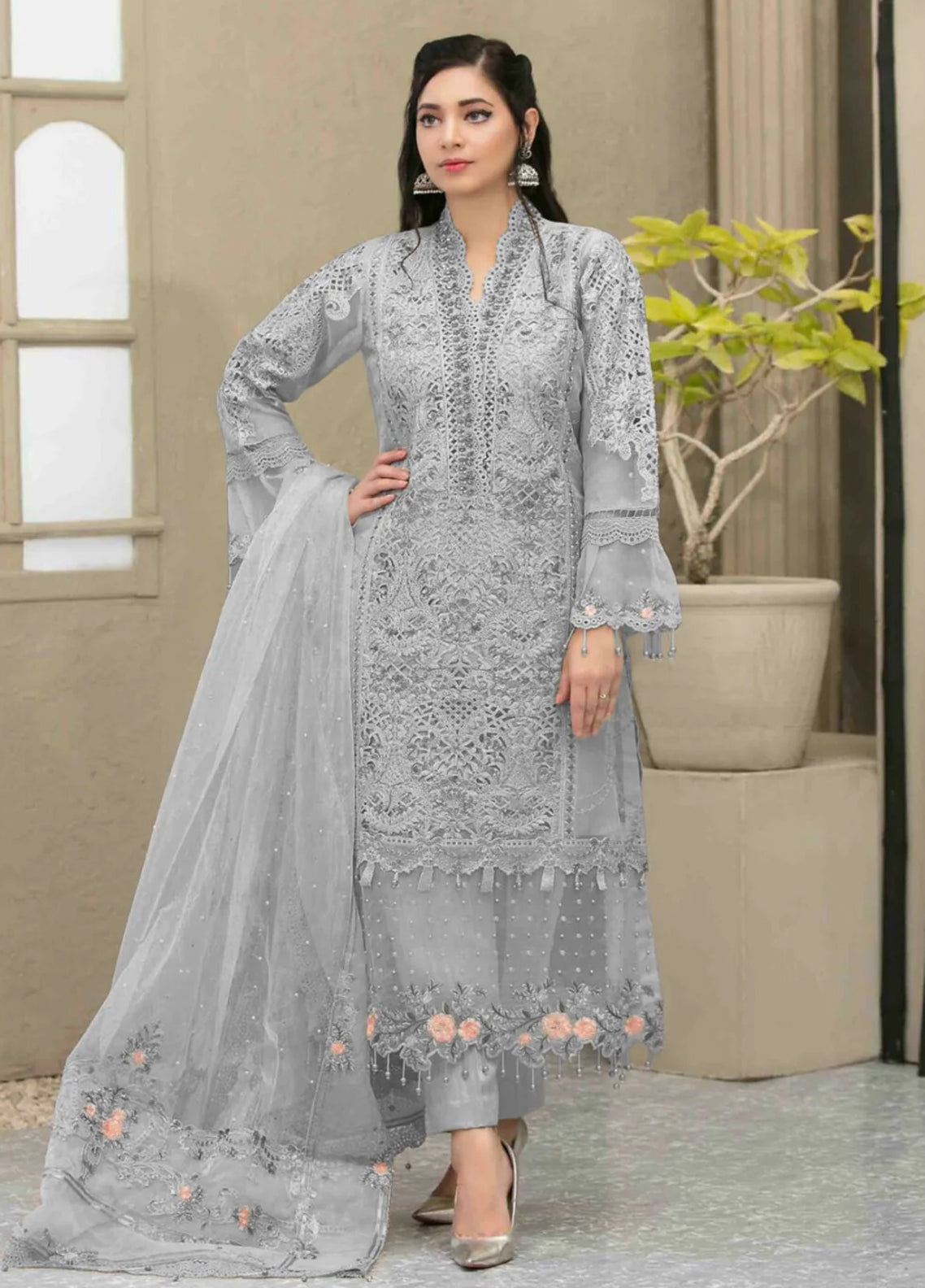 Embroidered Organza 3 Piece Unstitched Suit GREY-TF-D-6654-Party Wear Polawn Embroidered Organza 3 Piece Unstitched Suit GREY-TF-D-6654-Party Wear Polawn
