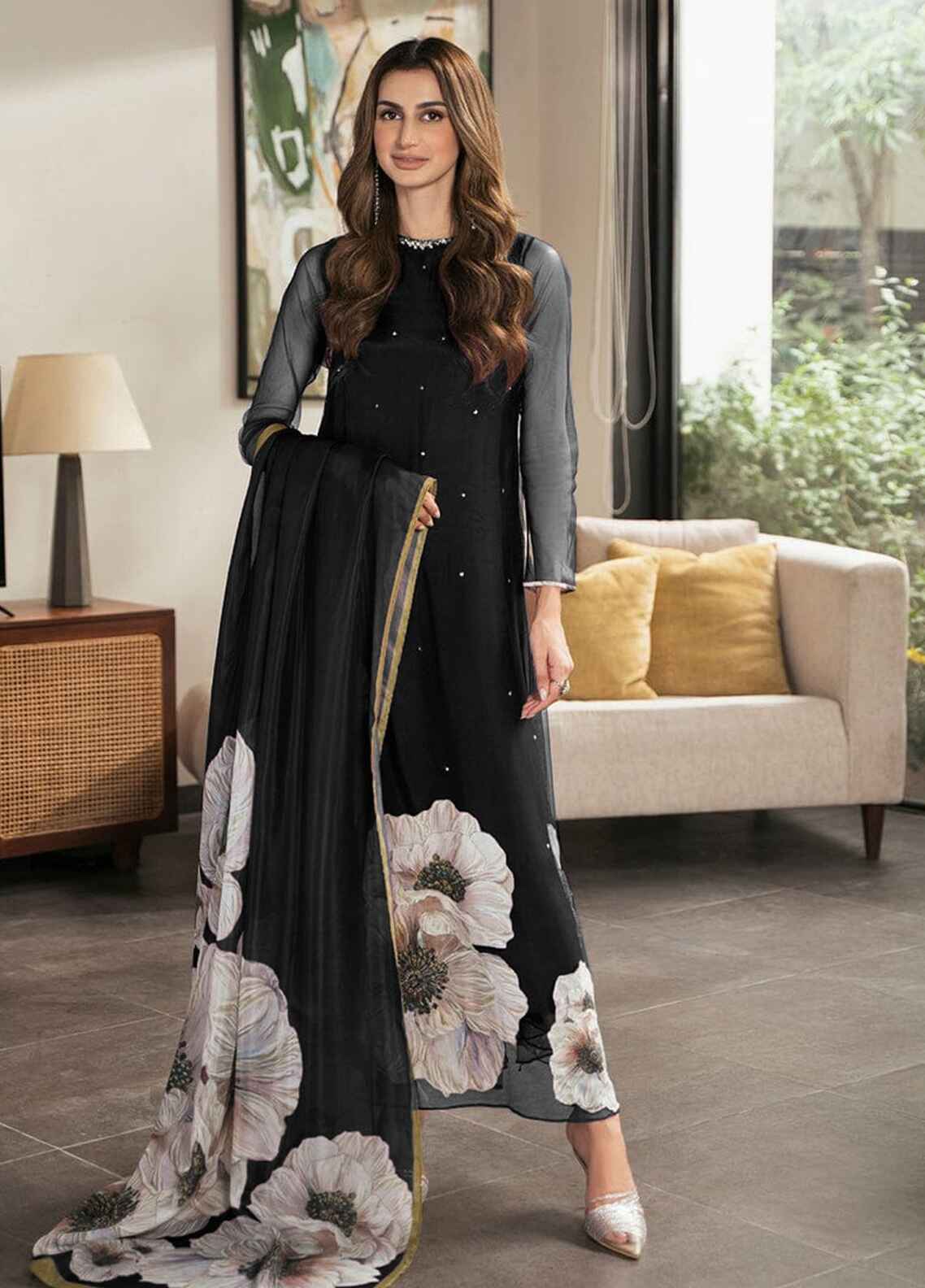 Embroidered Silk 3 Piece Unstitched Suit BLACK-LL-Argil Dress-23 - Party Wear