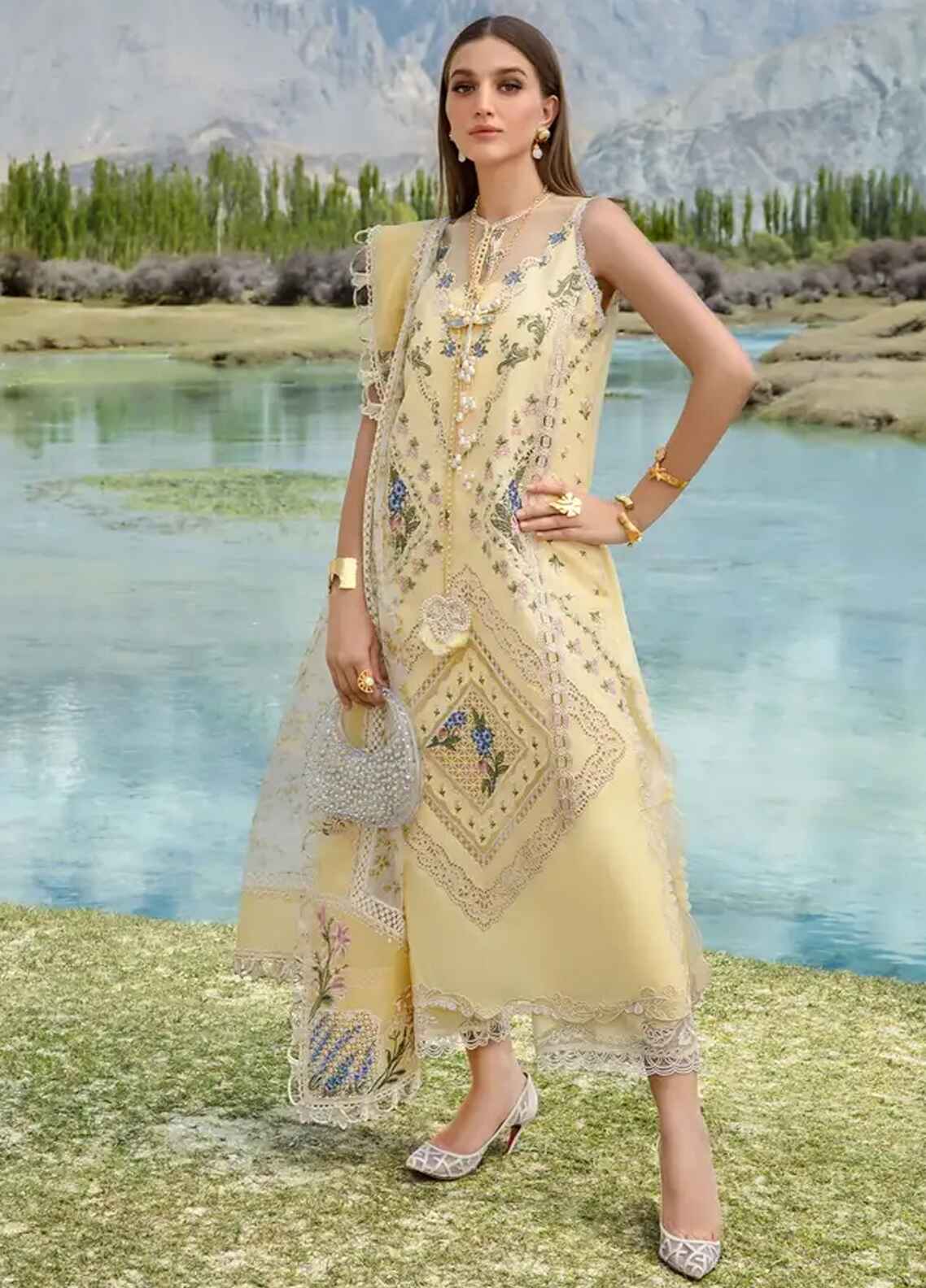 Embroidered Lawn 3 Piece Unstitched Suit CSSL-D02-A-SUNFLOWER YELLOW-24 - Summer Collection
