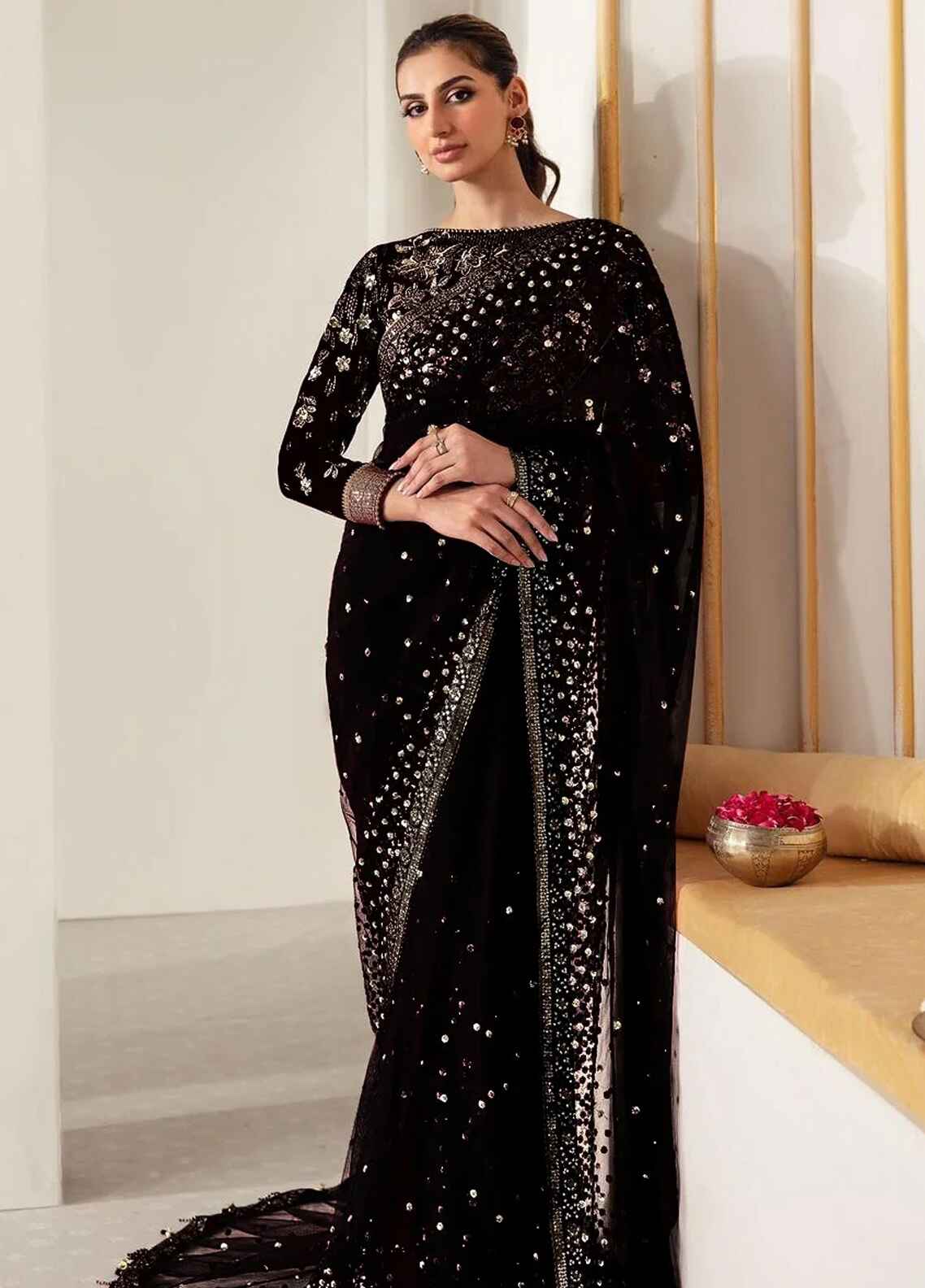 Embroidered Unstitched 3 Piece Velvet Saree Black JV-VF-2016 - Party Wear