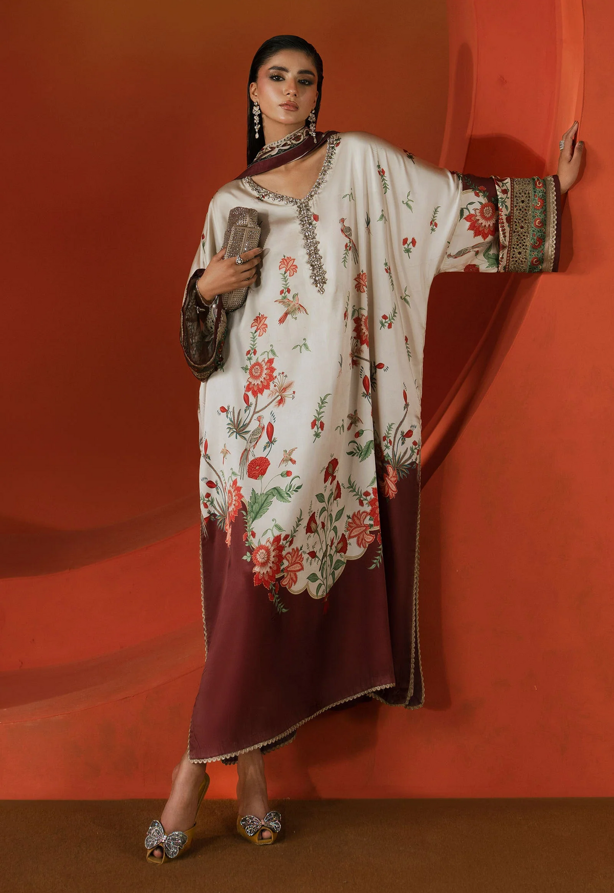 Embroidered Kaftaan Charmeuse Silk 3 Piece Unstitched Suit MBK-MPS-EF26-03R1 - Party Wear