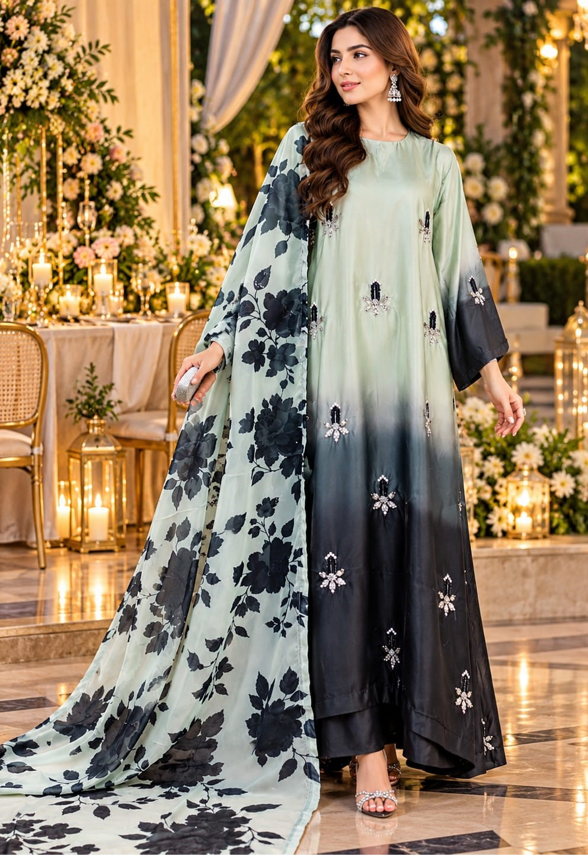 Embroidered Kaftaan Charmeuse Silk 3 Piece Unstitched Suit PD-PISTA/BLACK - Party Wear
