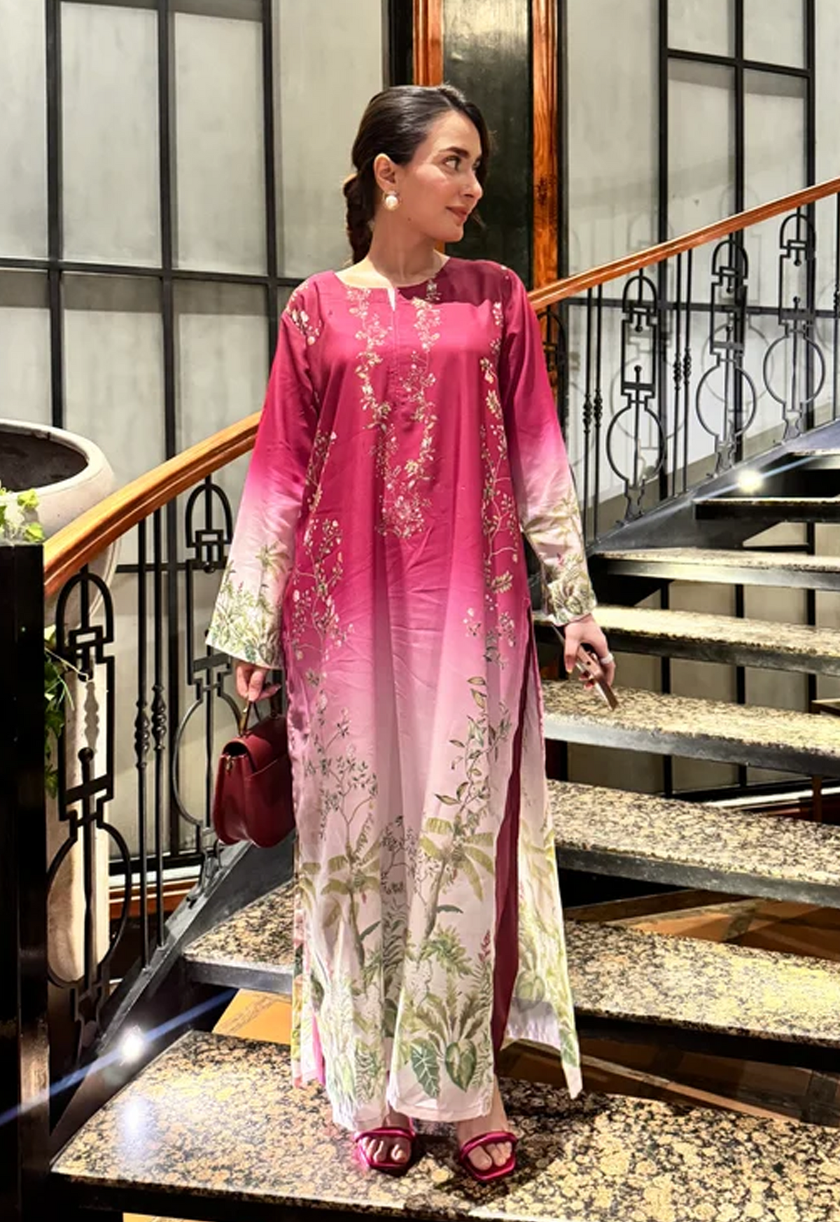Printed Kaftaan Charmeuse Silk 2 Piece Unstitched Suit FK-PINK OPAL - Party Wear