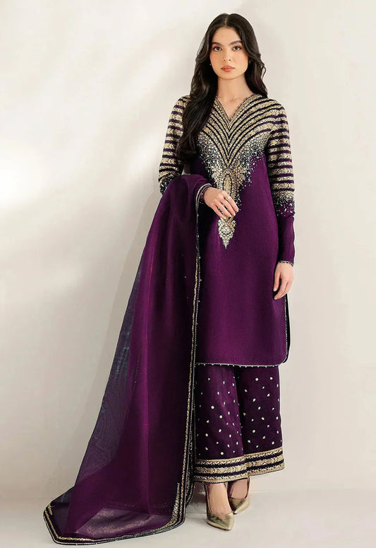 Embroidered Silk 3 Piece Unstitched Suit BURGANDY-JC-UR-7056 - Party Wear