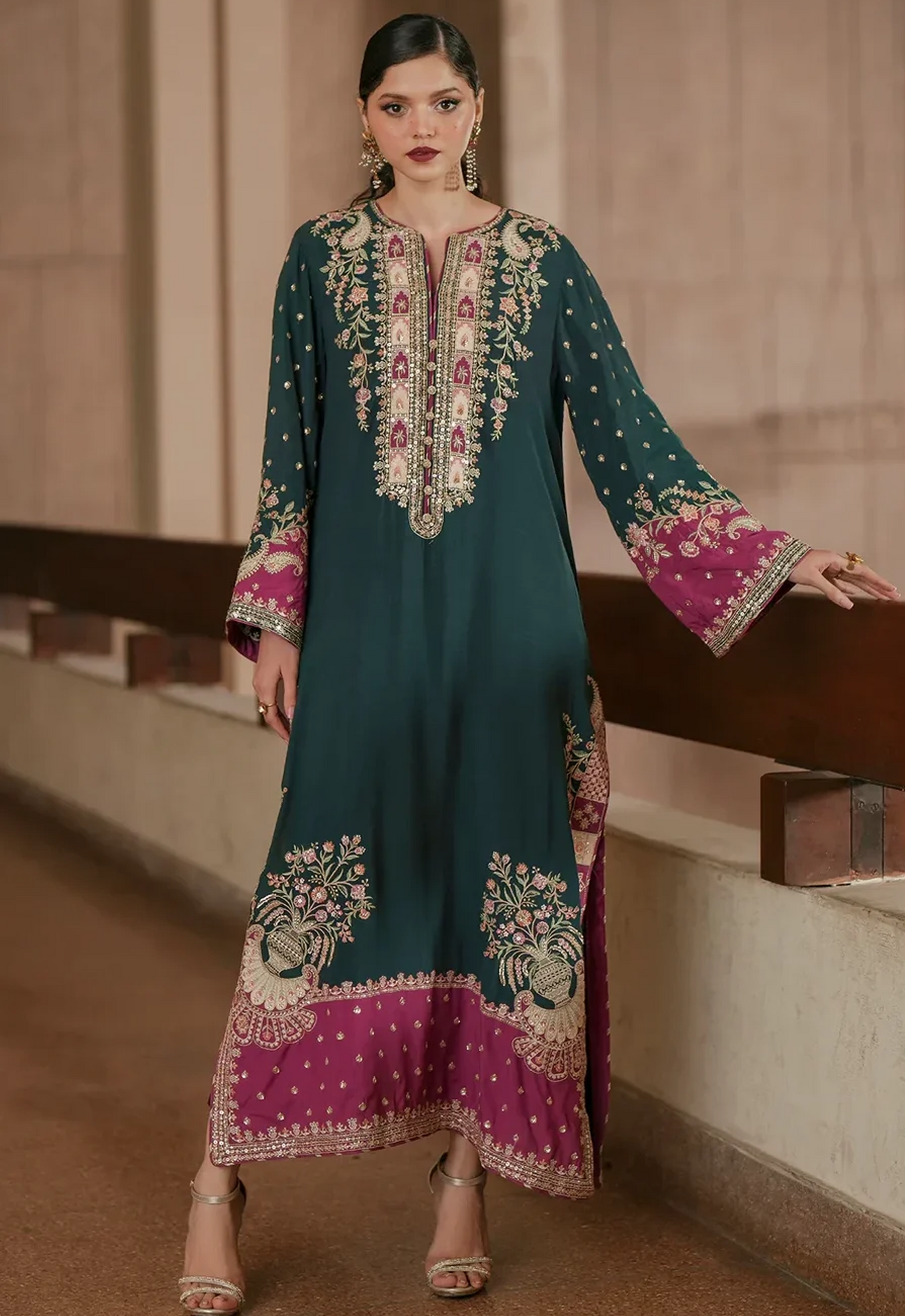 Embroidered Kaftaan Charmeuse Silk 3 Piece Unstitched Suit EK-E9098/104/902 - Party Wear