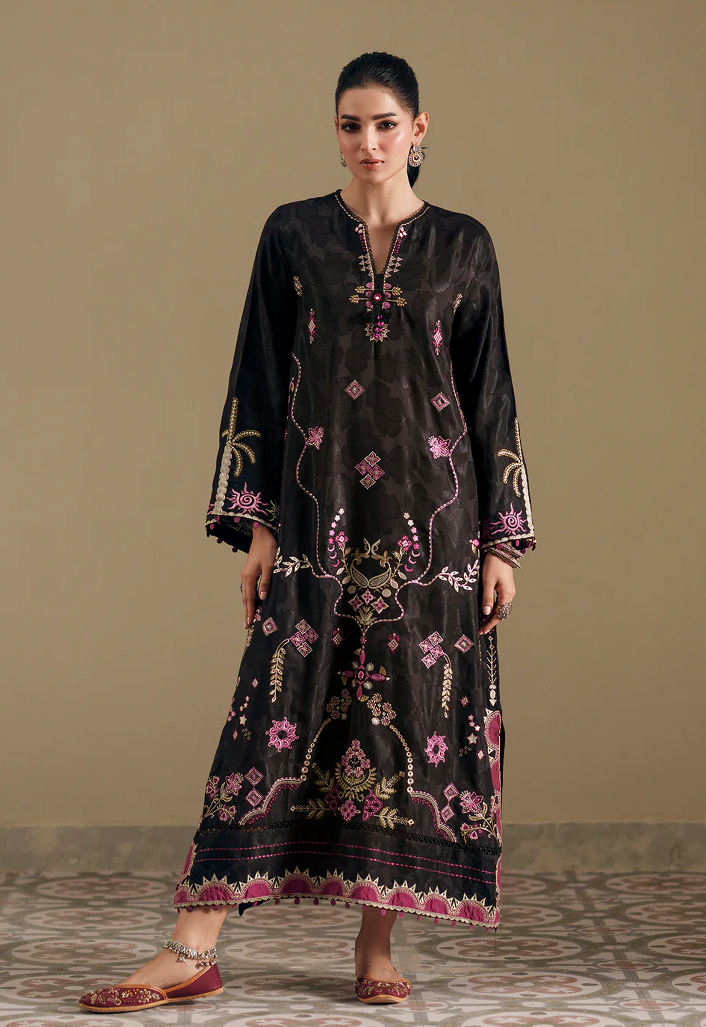 Embroidered Kaftaan Charmeuse Silk 2 Piece Unstitched Suit EK-E4395/103/902 - Party Wear