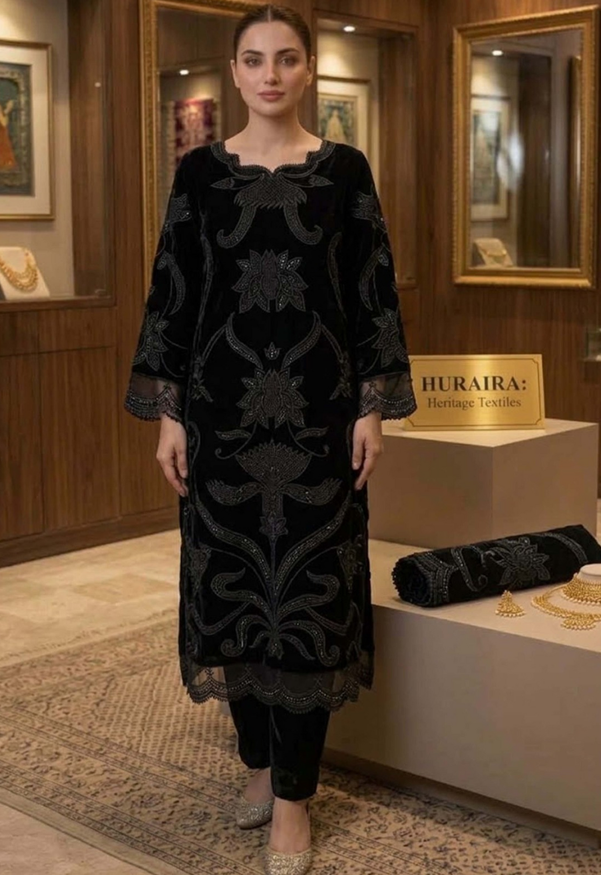 Embroidered Unstitched 3 Piece Velvet Suit BLACK-HD-HU-546 - Party Wear