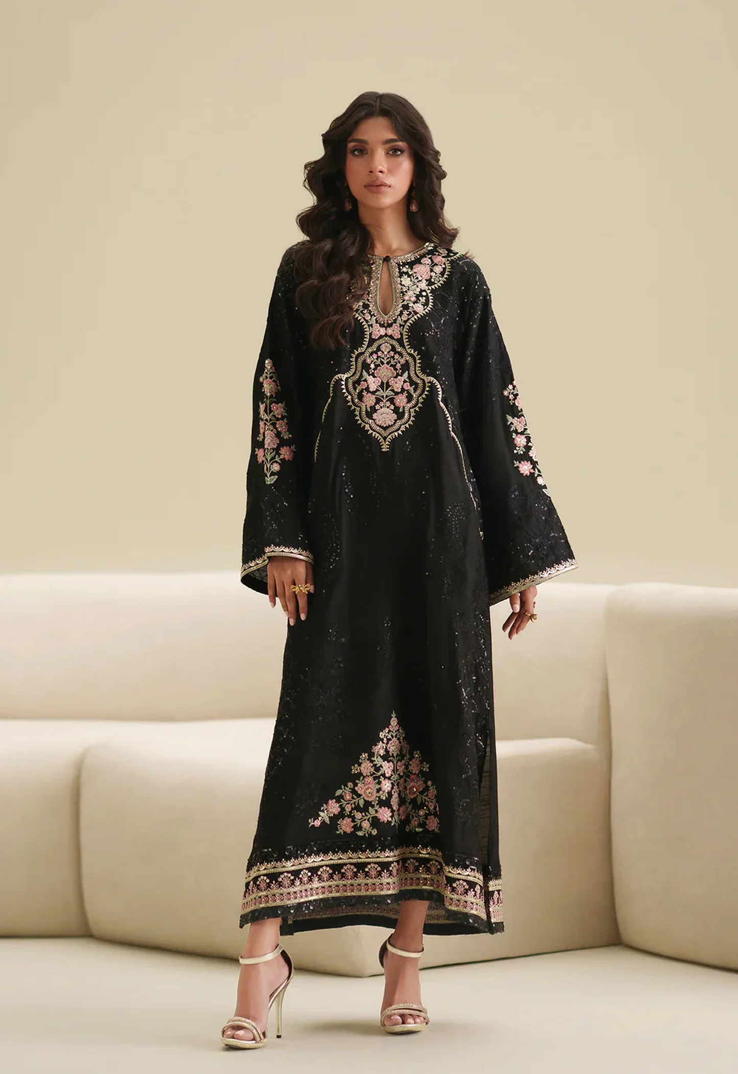 Embroidered Charmeuse Silk/Kaftan 2 Piece Unstitched Suit EK-E1088-104-902 - Party Wear