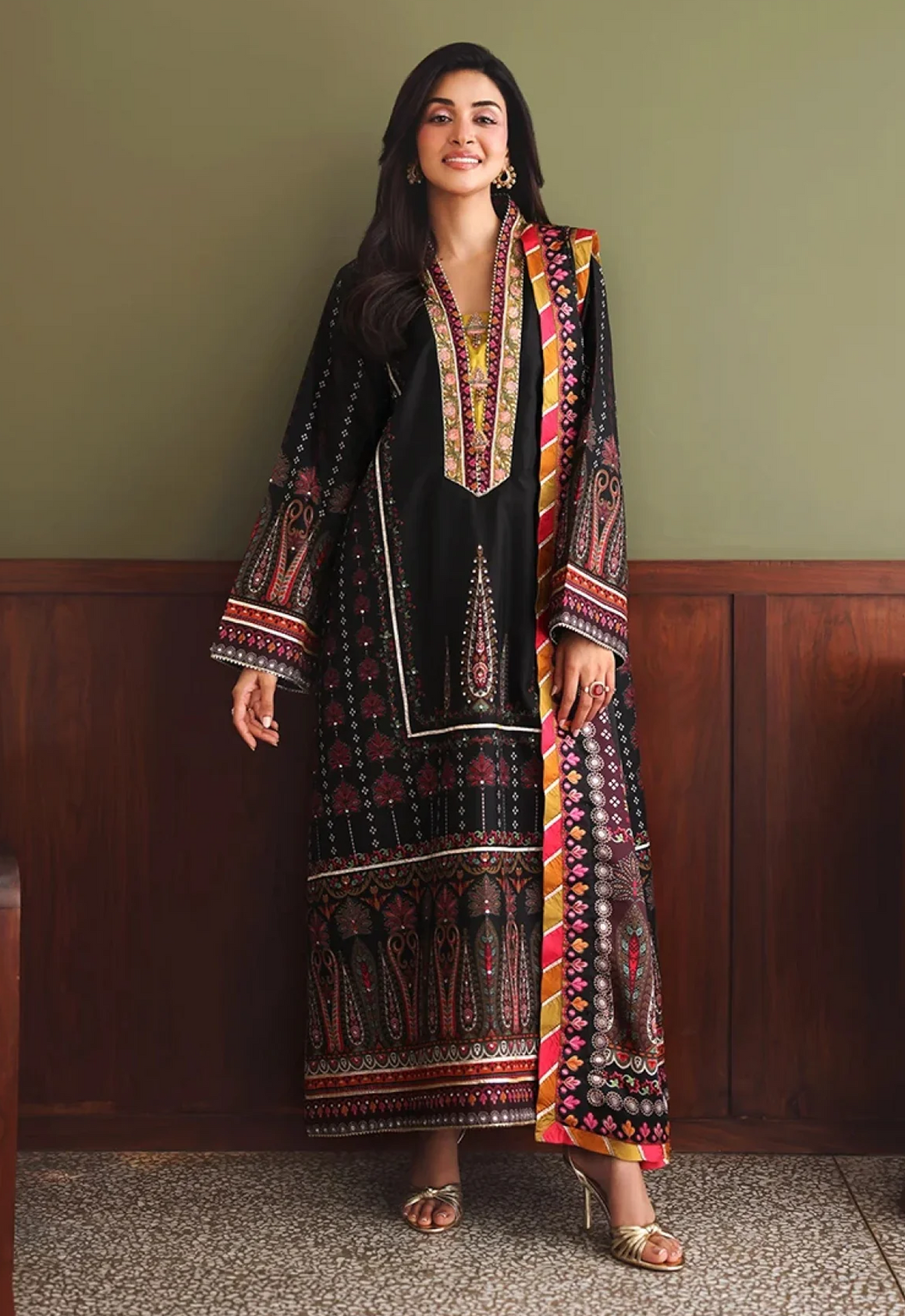 Printed Kaftaan Charmeuse Silk 2 Piece Unstitched Suit MK-Star off Duty - Party Wear