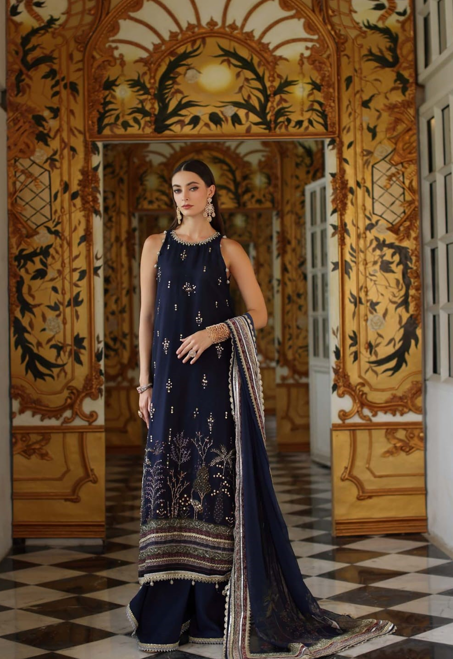 Embroidered Net 3 Piece Unstitched Suit NSAC-HU-D03-BLUE-25 - Summer Collection