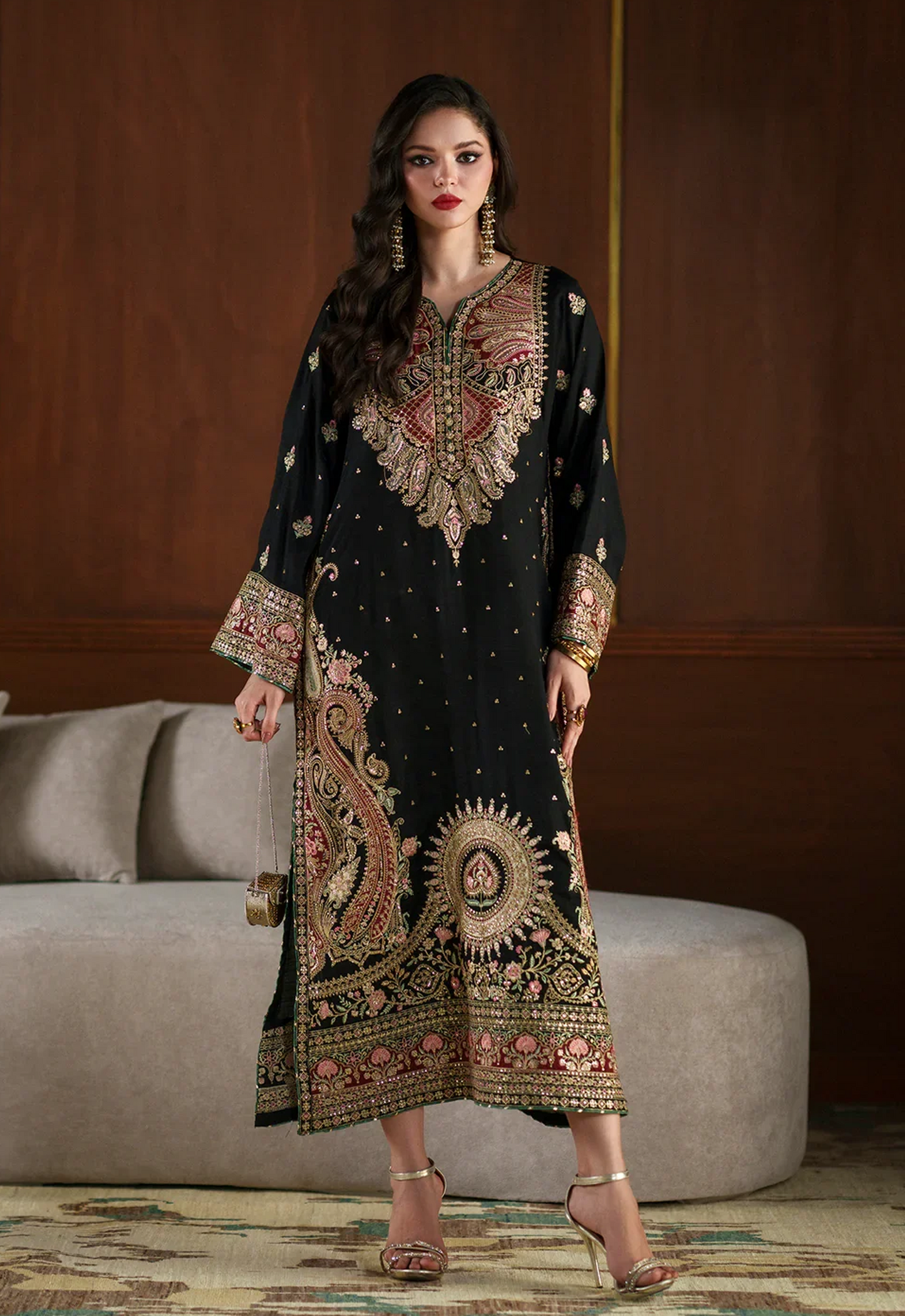 Embroidered Kaftaan Charmeuse Silk 3 Piece Unstitched Suit EK-E1098/104/902 - Party Wear