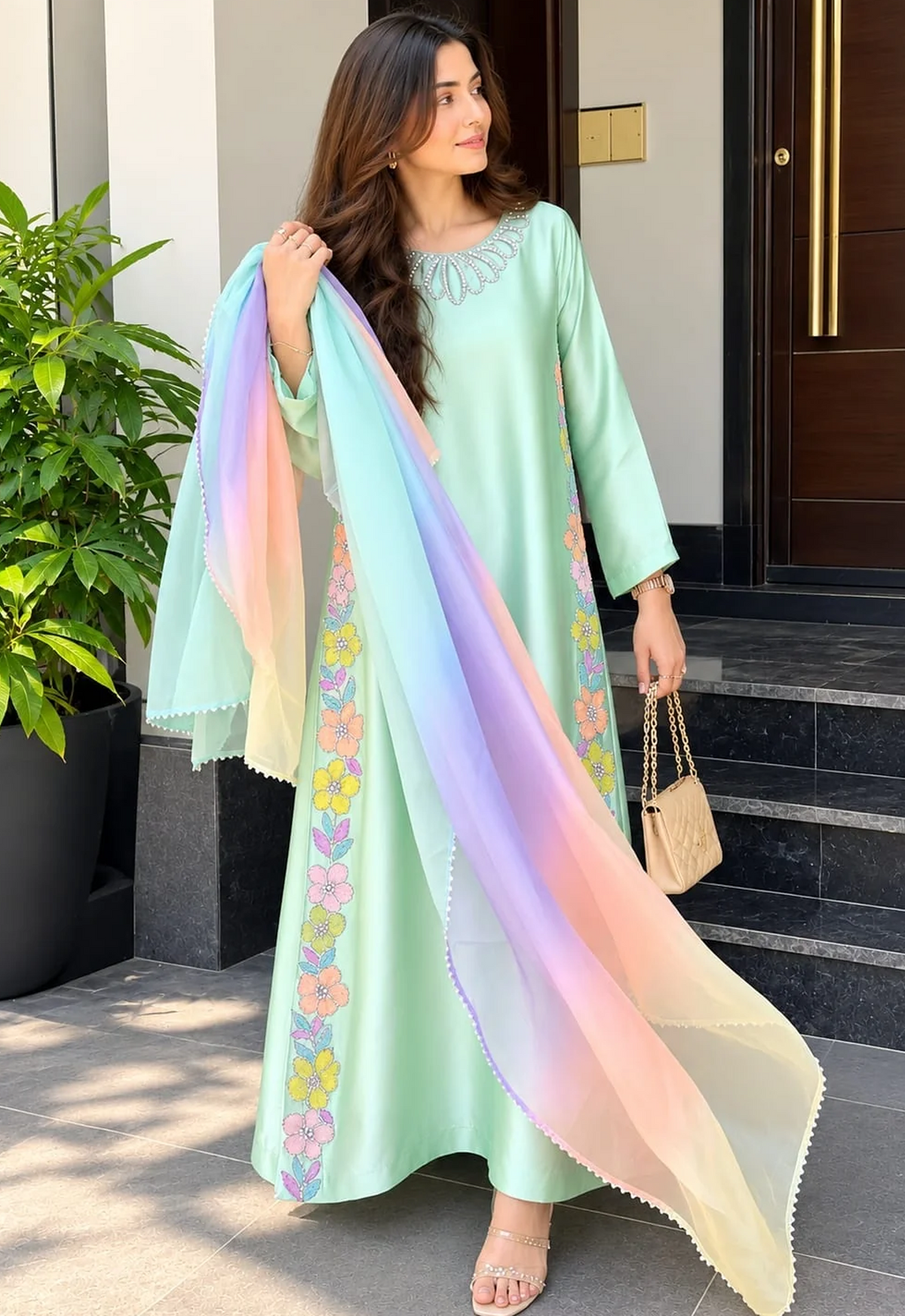 Embroidered Kaftaan Charmeuse Silk 2 Piece Unstitched Suit ANGORI-PK-Bloom Kaftan - Party Wear