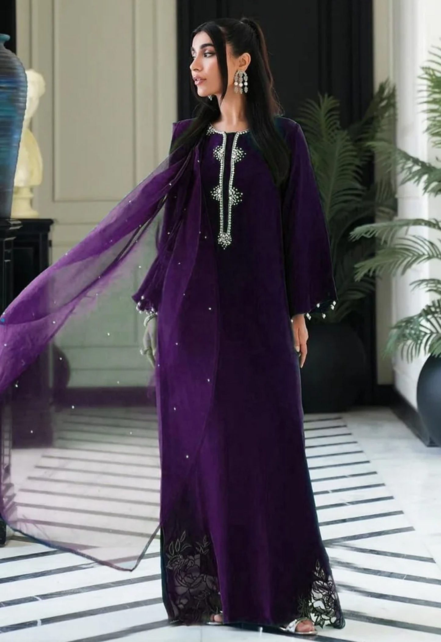 Embroidered Silk 3 Piece Unstitched Suit Charmeuse-BURGANDY-LL-AARIL LONG-25 - Party Wear