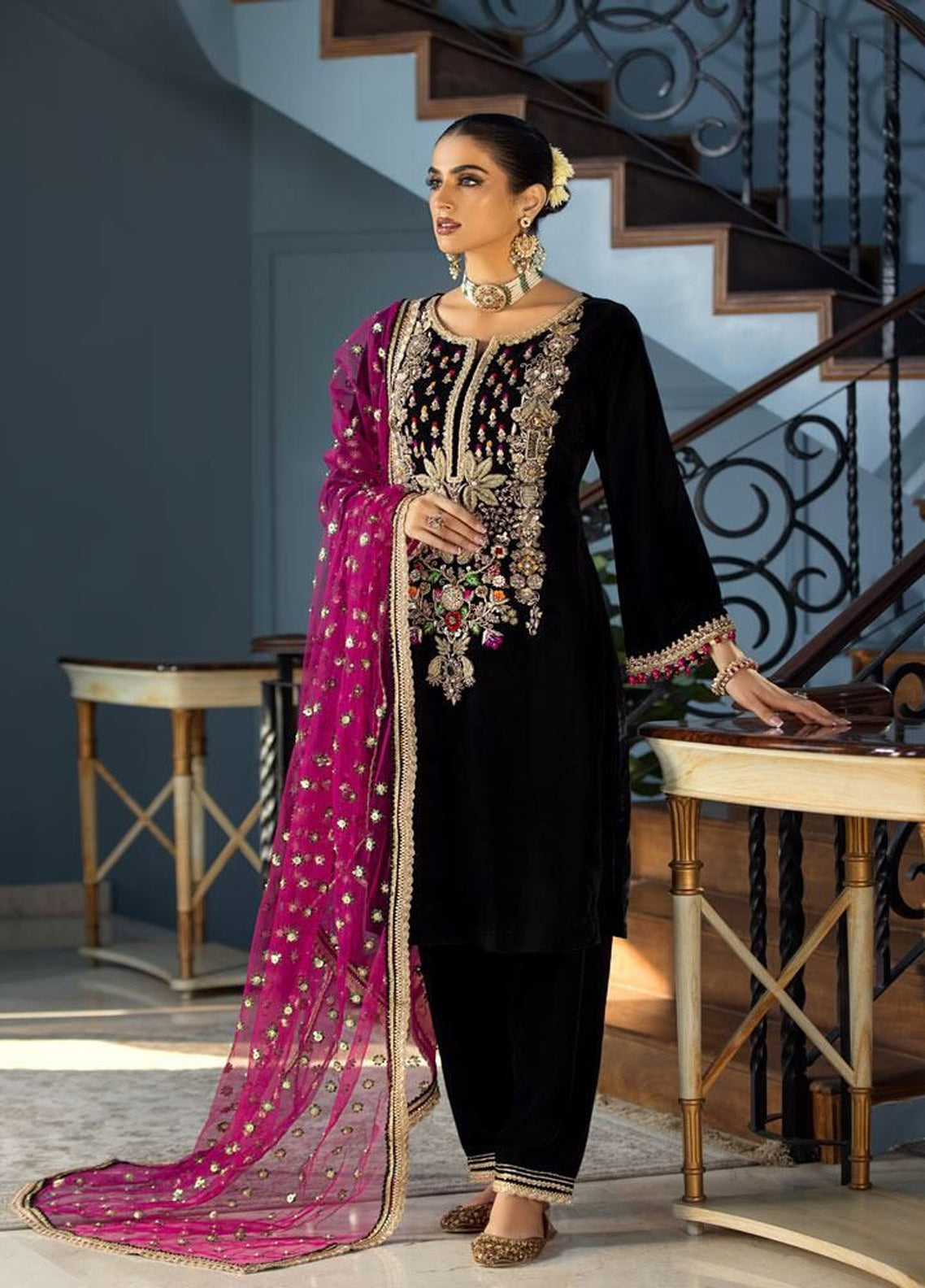 Embroidered Unstitched Piece Velvet Suit KBV-P-223-BLACK-Party