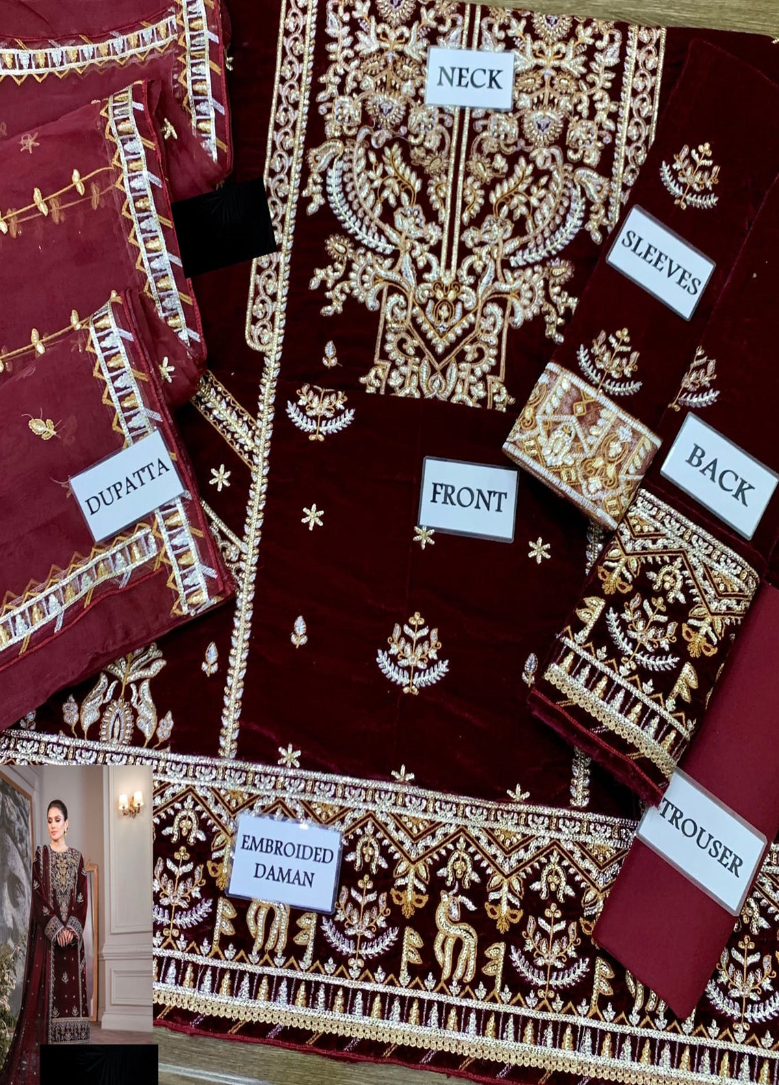 Embroidered Unstitched 3 Velvet Piece Suit AJAMC-D08-22-MAROON-Party Wear