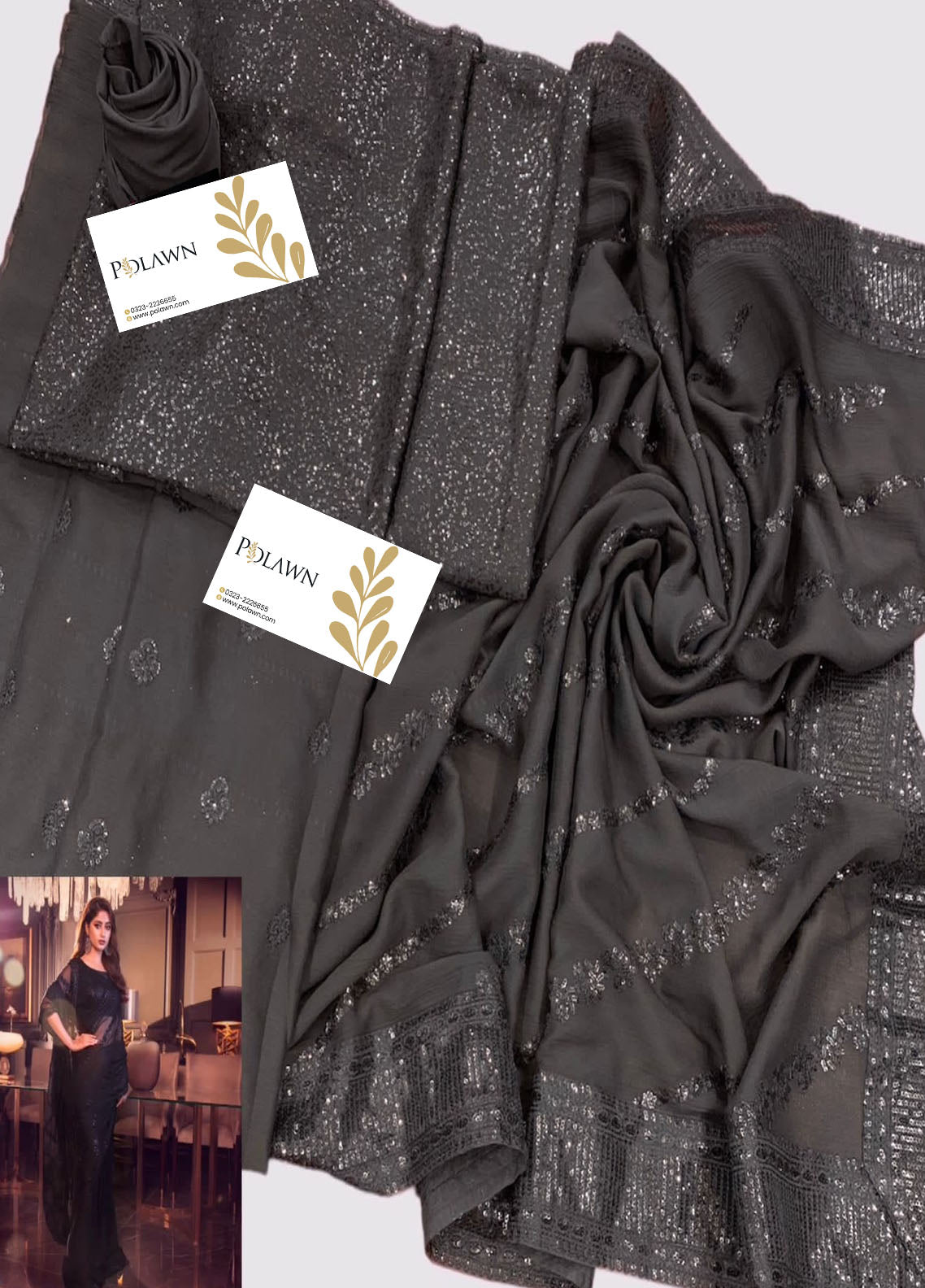 Black Embroidered Unstitched Chiffon Saree AJC-D08-22-Party Wear
