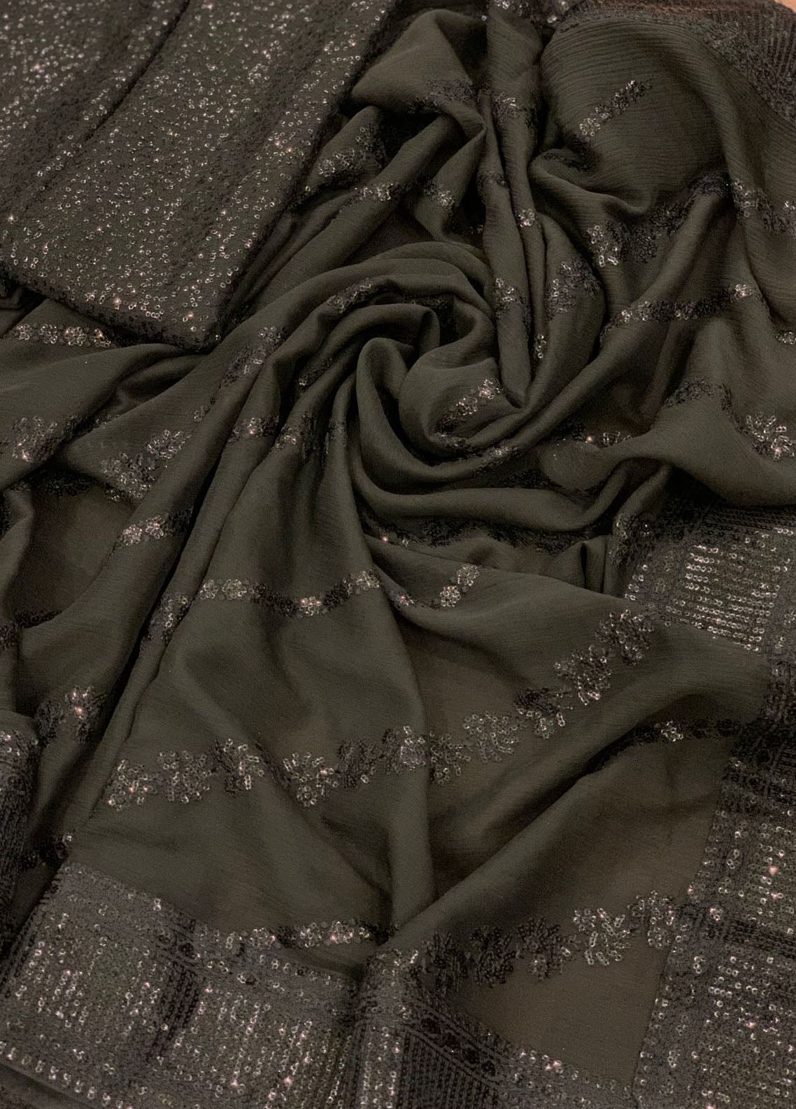 Black Embroidered Unstitched Chiffon Saree AJC-D08-22-Party Wear