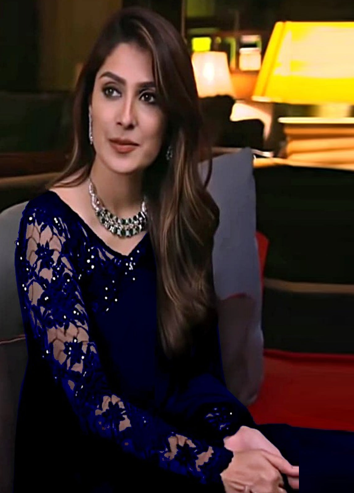 Navy Blue Embroidered Unstitched Chiffon Saree Ayeza Khan-N.Blue Party Wear