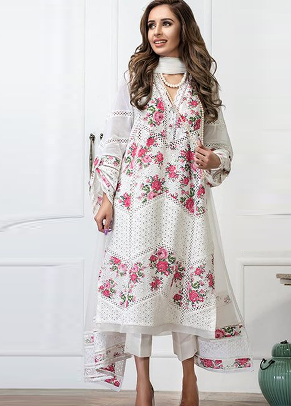 Embroidered Lawn 3 Piece Unstitched Suit BK-01-White Atisha Flower-Summer Collection