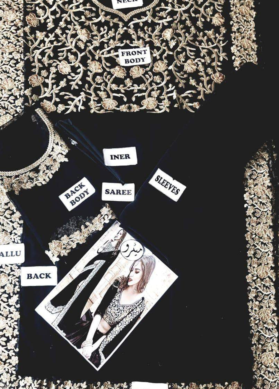 Black Embroidered Unstitched Chiffon Indian Saree -Party Wear