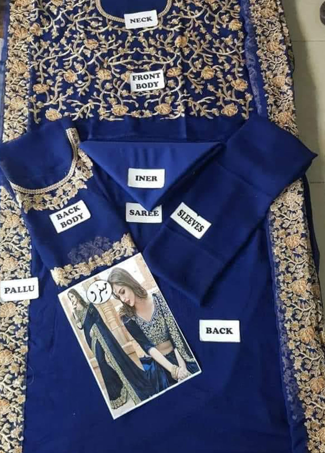 Navy Blue Embroidered Unstitched Chiffon Indian Saree -Party Wear