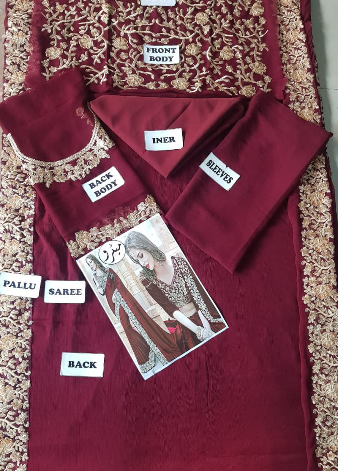 Maroon Embroidered Unstitched Chiffon Indian Saree -Party Wear
