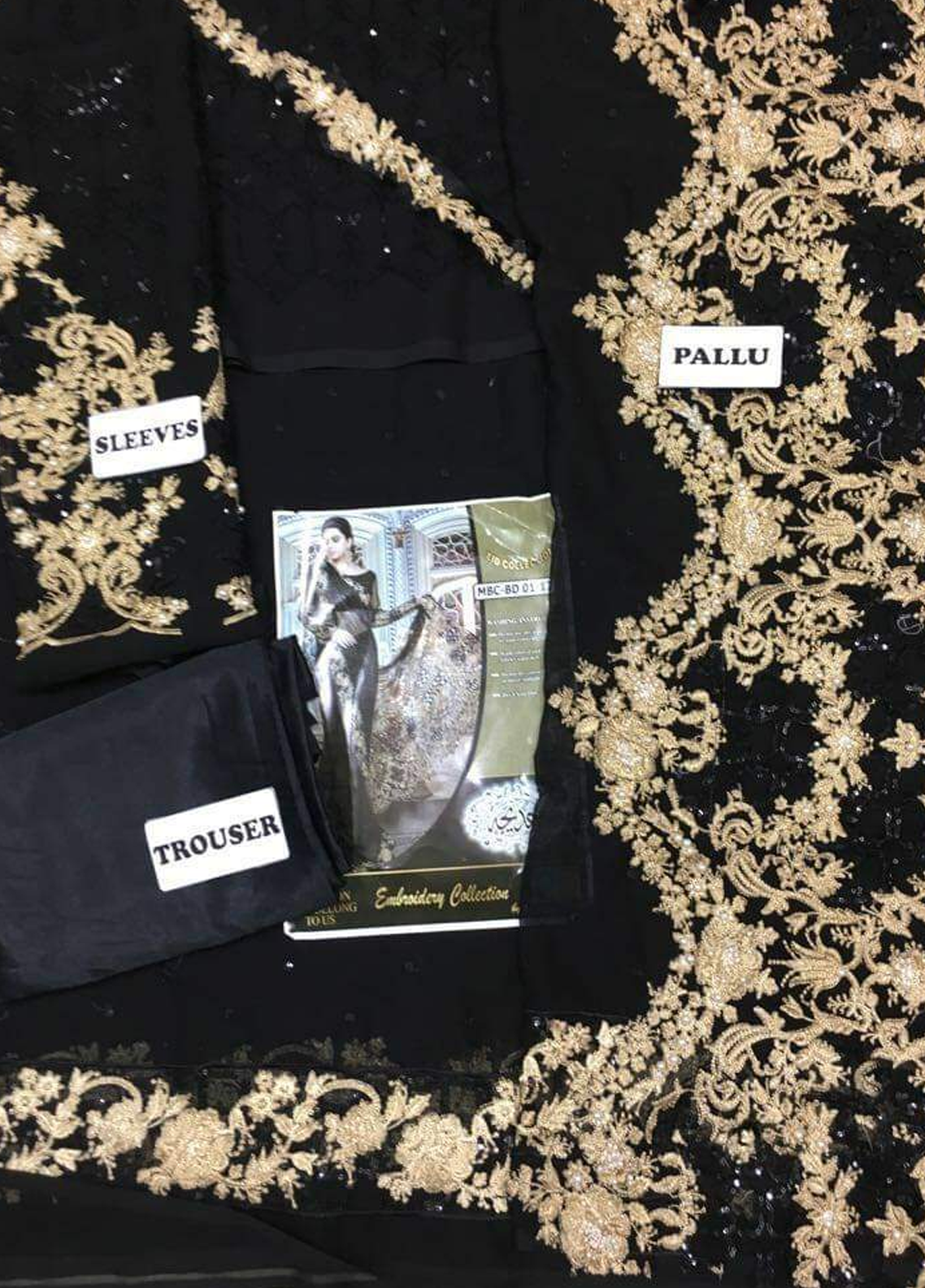 Black Embroidered Unstitched 3 Piece Chiffon Saree MBC-BD01-Party Wear