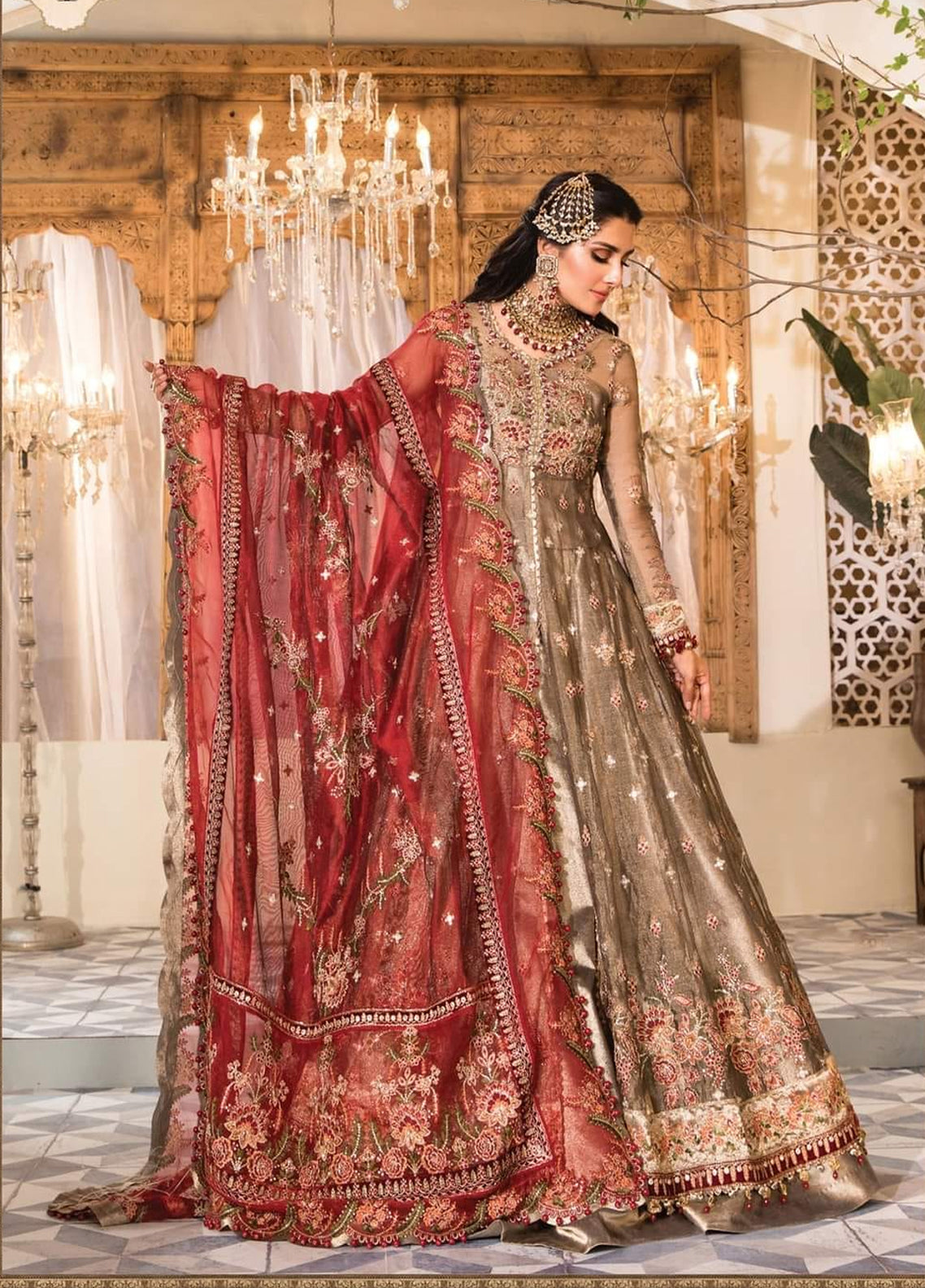 Burnt Gold and Maroon Embroidered Unstitched 3 Piece Organza Suit MBC Polawn