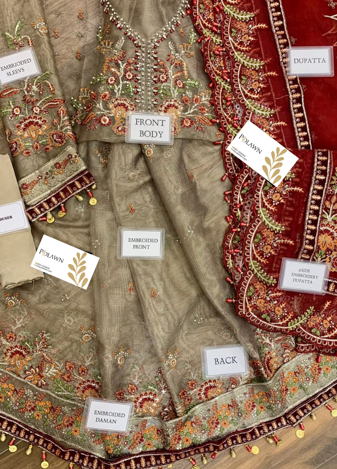 Burnt Gold and Maroon Embroidered Unstitched 3 Piece Organza Suit MBC-BD-2401-22 Party Wear