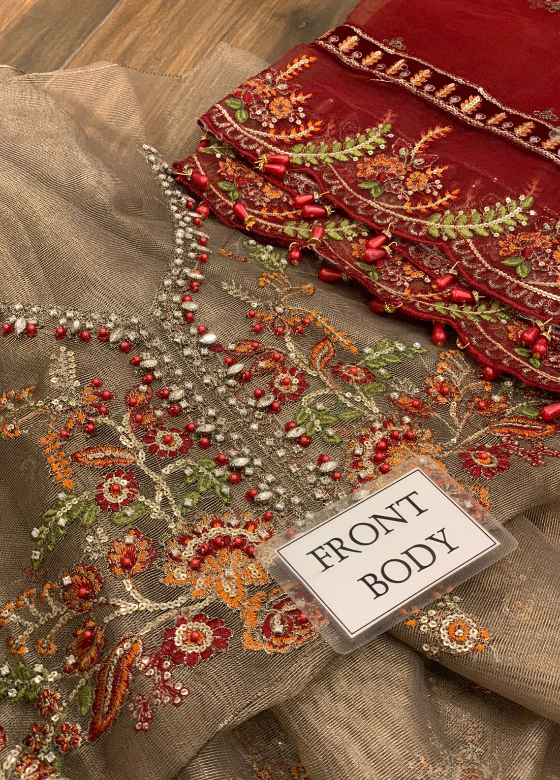 Burnt Gold and Maroon Embroidered Unstitched 3 Piece Organza Suit MBC-BD-2401-22 Party Wear