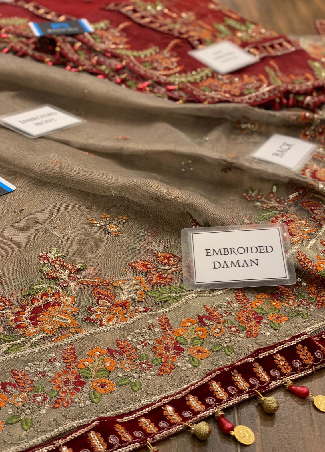 Burnt Gold and Maroon Embroidered Unstitched 3 Piece Organza Suit MBC-BD-2401-22 Party Wear