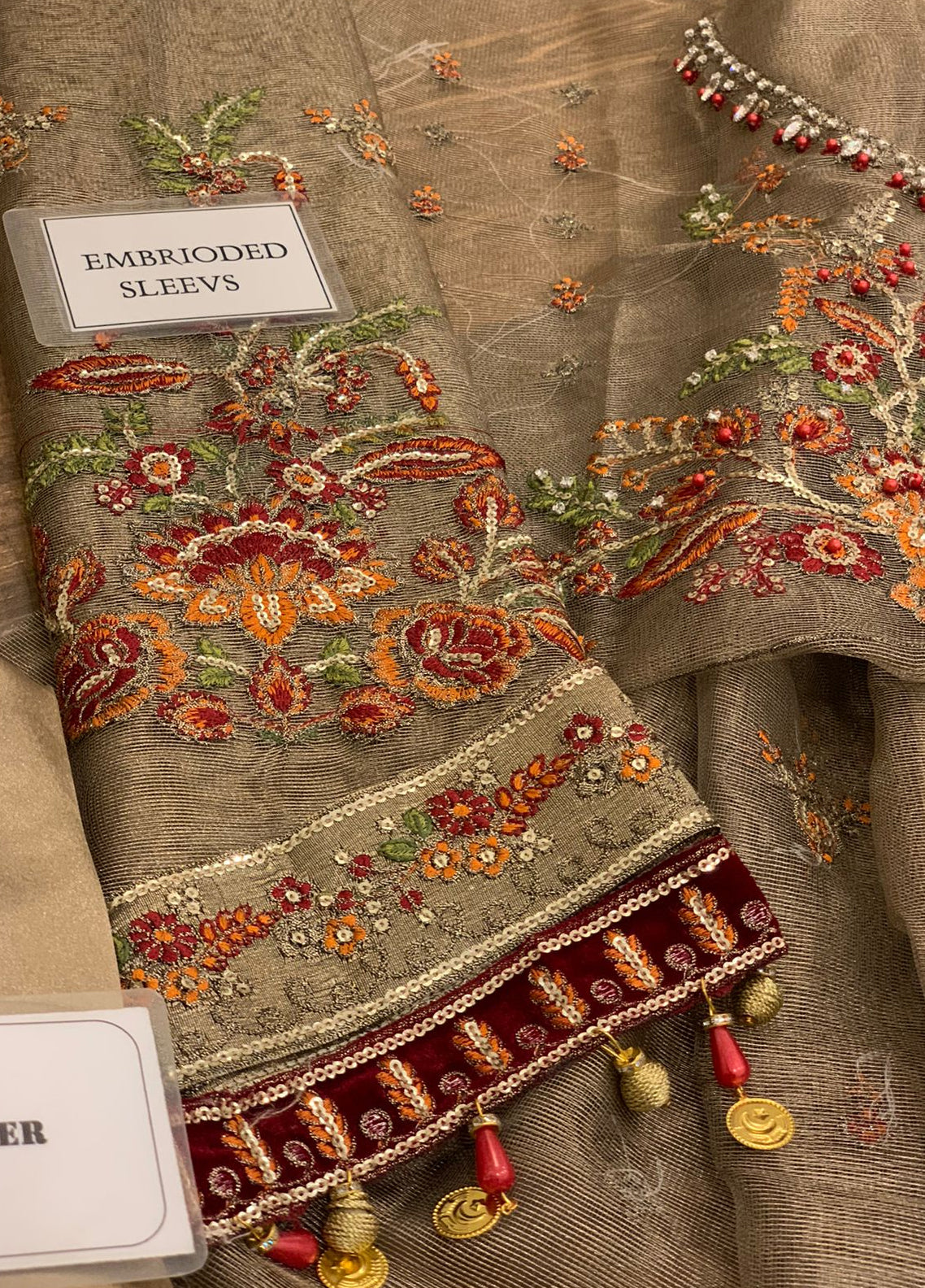 Burnt Gold and Maroon Embroidered Unstitched 3 Piece Organza Suit MBC-BD-2401-22 Party Wear