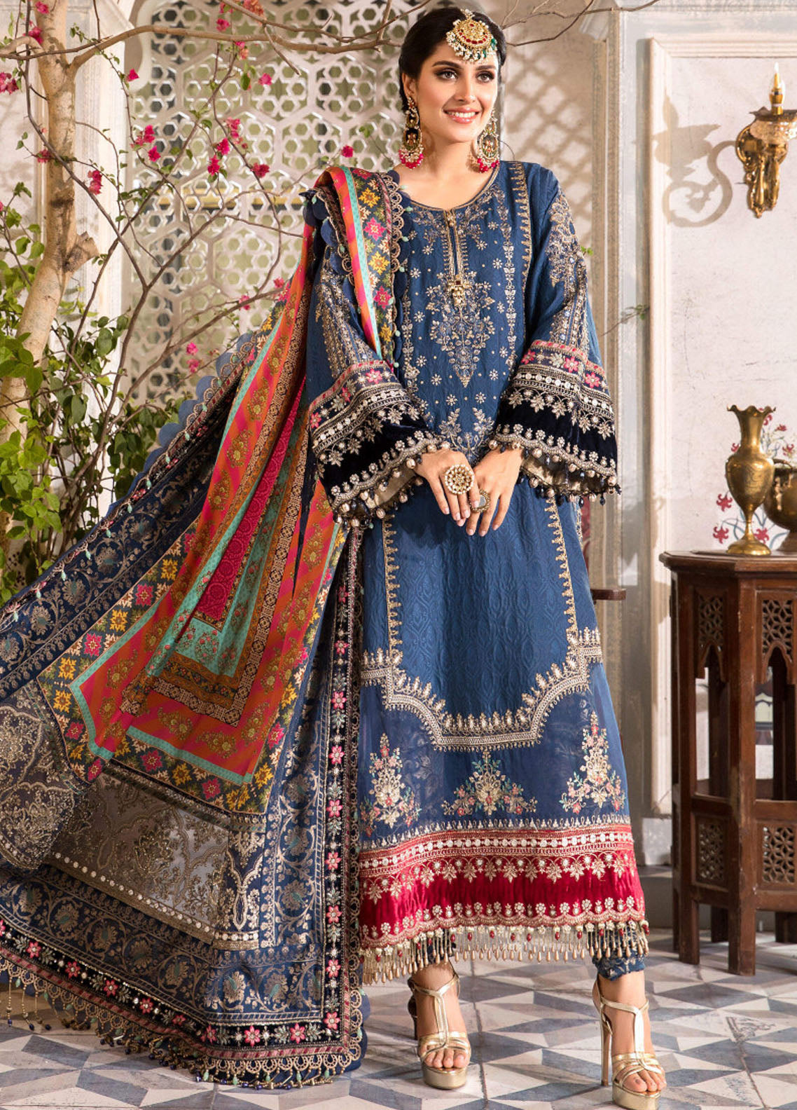 Blue Embroidered Unstitched 3 Piece Chiffon Suit