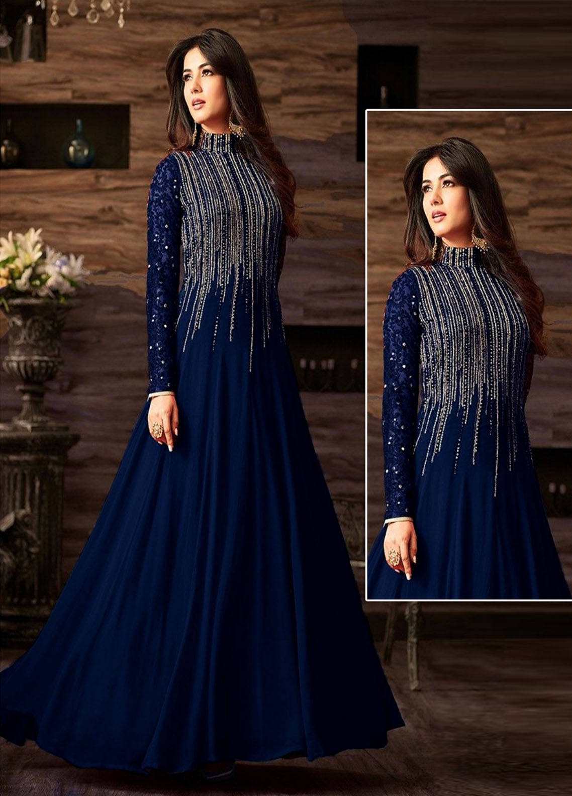 N Blue Embroidered Unstitched Chiffon Indian Maxi-NB Party Wear