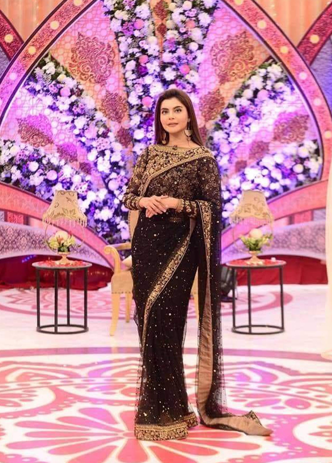 Black Embroidered Unstitched 3 Piece Chiffon Saree Nida Saari-Black-Party Wear