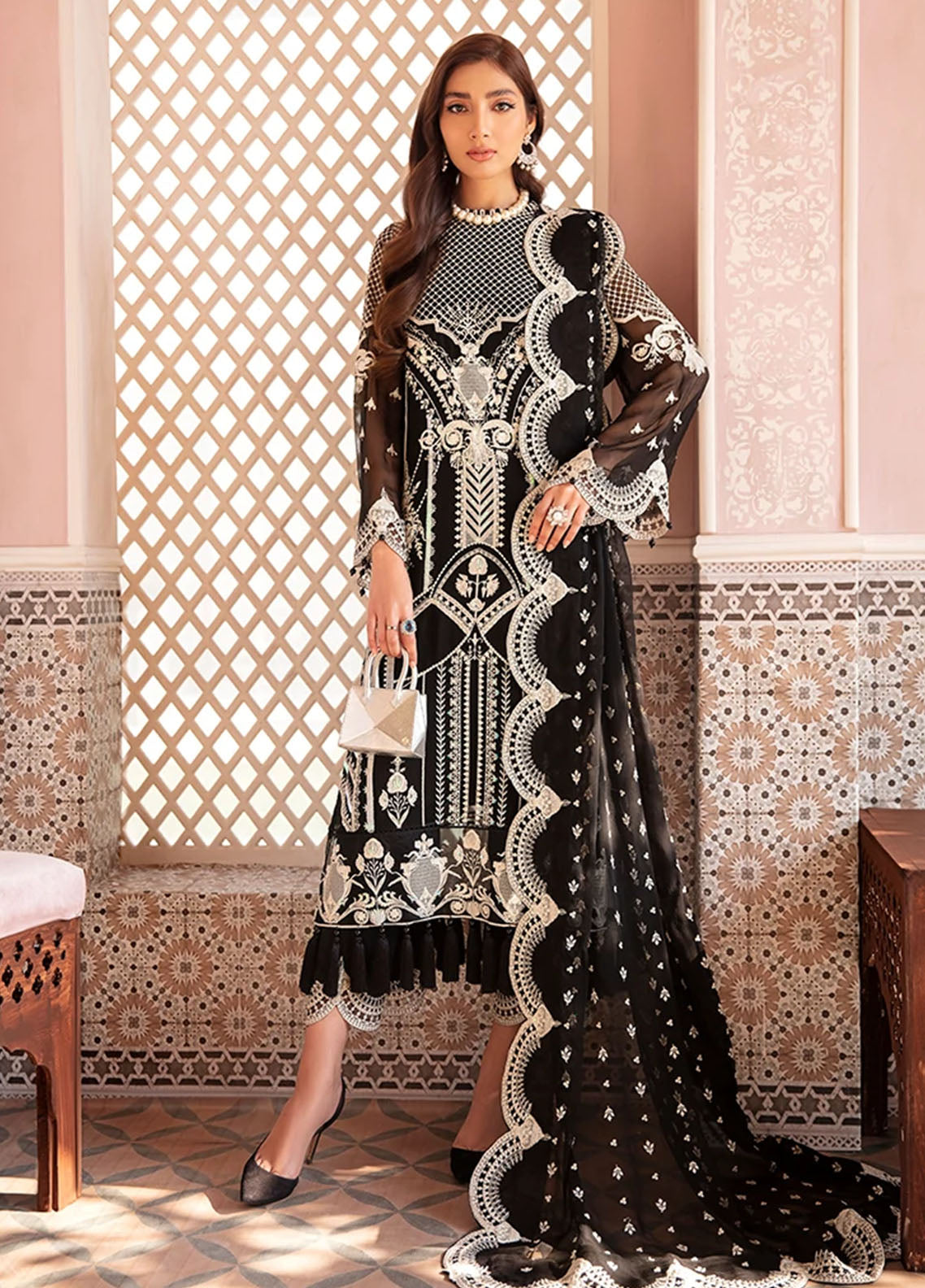 Black Embroidered Unstitched 3 Piece Chiffon Suit AF-BANO-21-Party Wear
