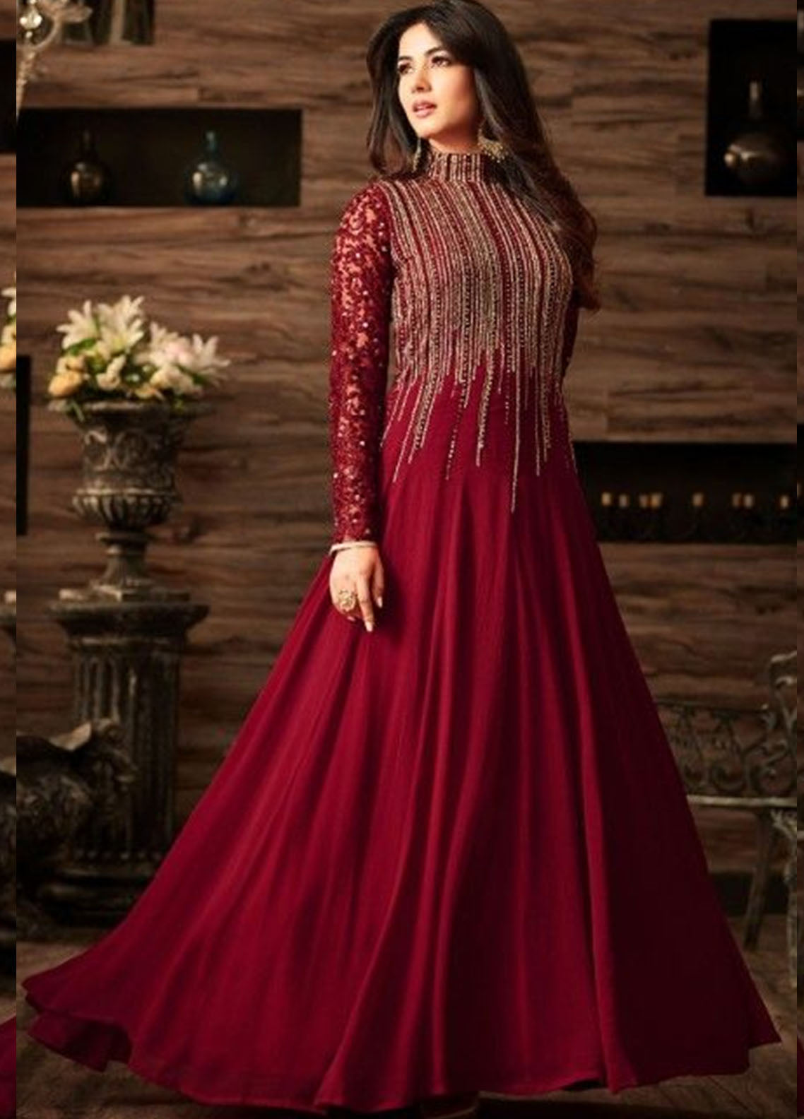 Red Embroidered Unstitched Chiffon Indian Maxi-RD Party Wear