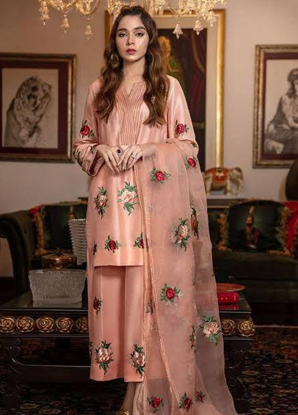 Embroidered Unstitched 3 Piece Silk Suit SILK BOTI-Peach-Party Wear Polawn Embroidered Unstitched 3 Piece Silk Suit SILK BOTI-Peach-Party Wear Polawn