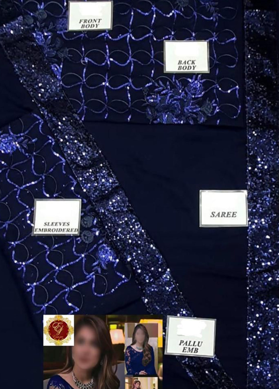 Navy Blue Embroidered Unstitched Chiffon Saree Ayeza Khan-N.Blue Party Wear