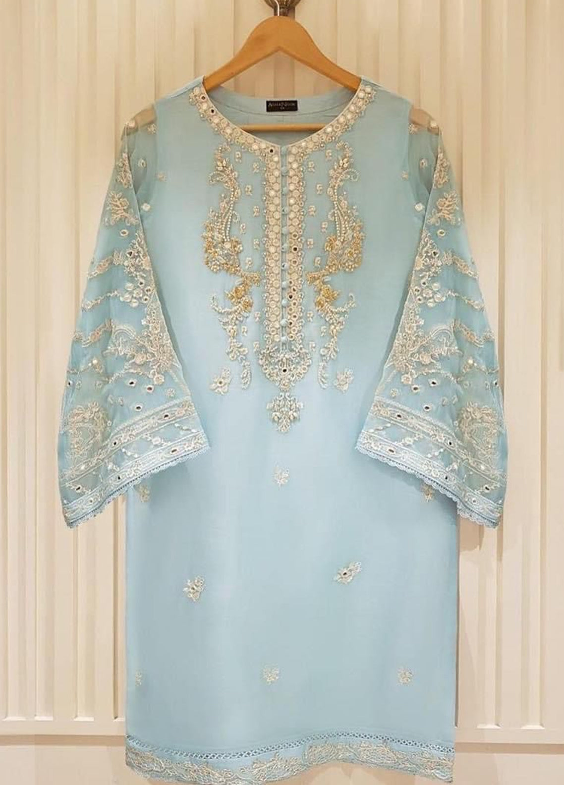 Embroidered Unstitched 3 Piece Orgnaza Suit Sky Blue Mirror-Party Wear