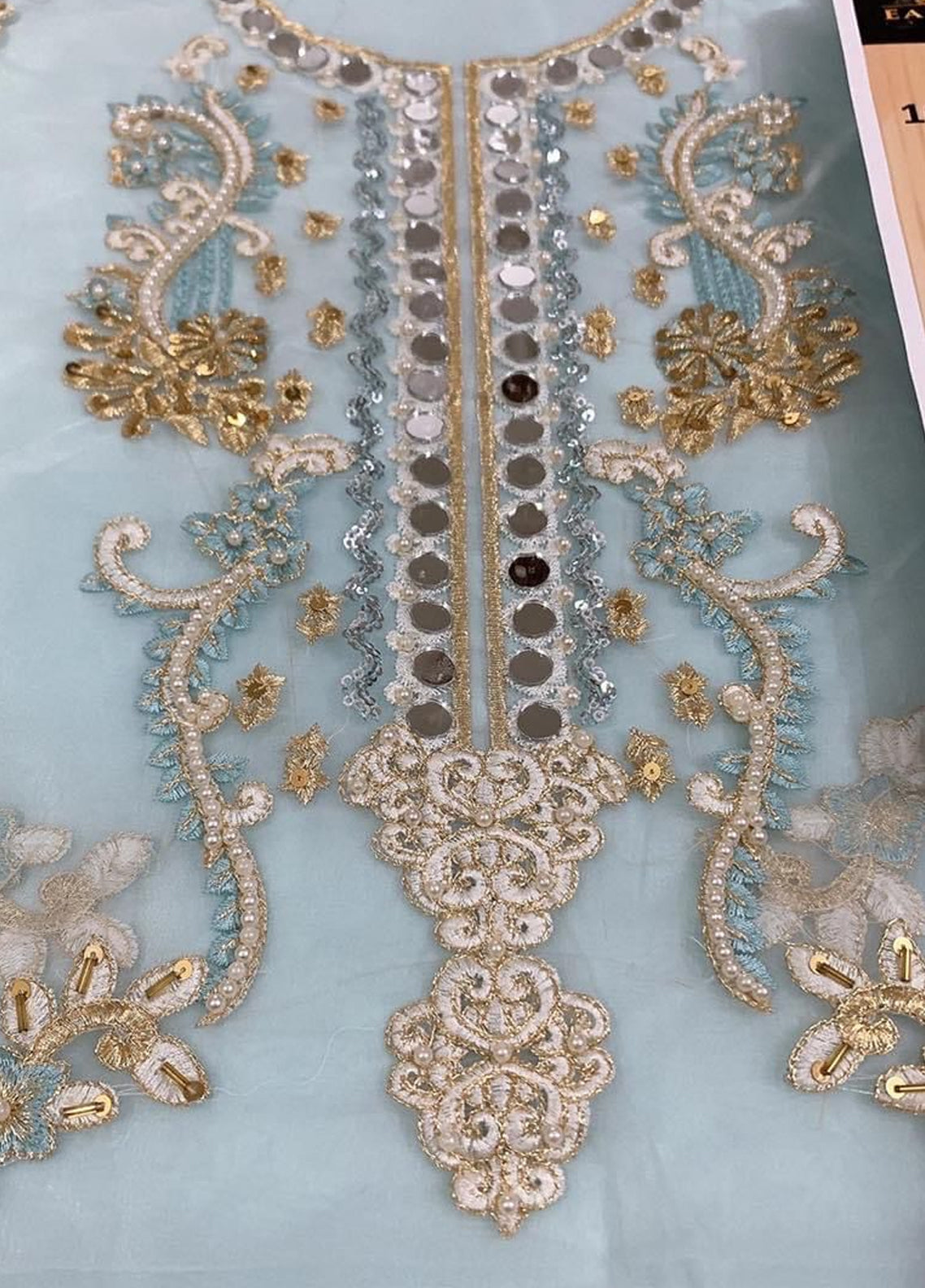Embroidered Unstitched 3 Piece Orgnaza Suit Sky Blue Mirror-Party Wear