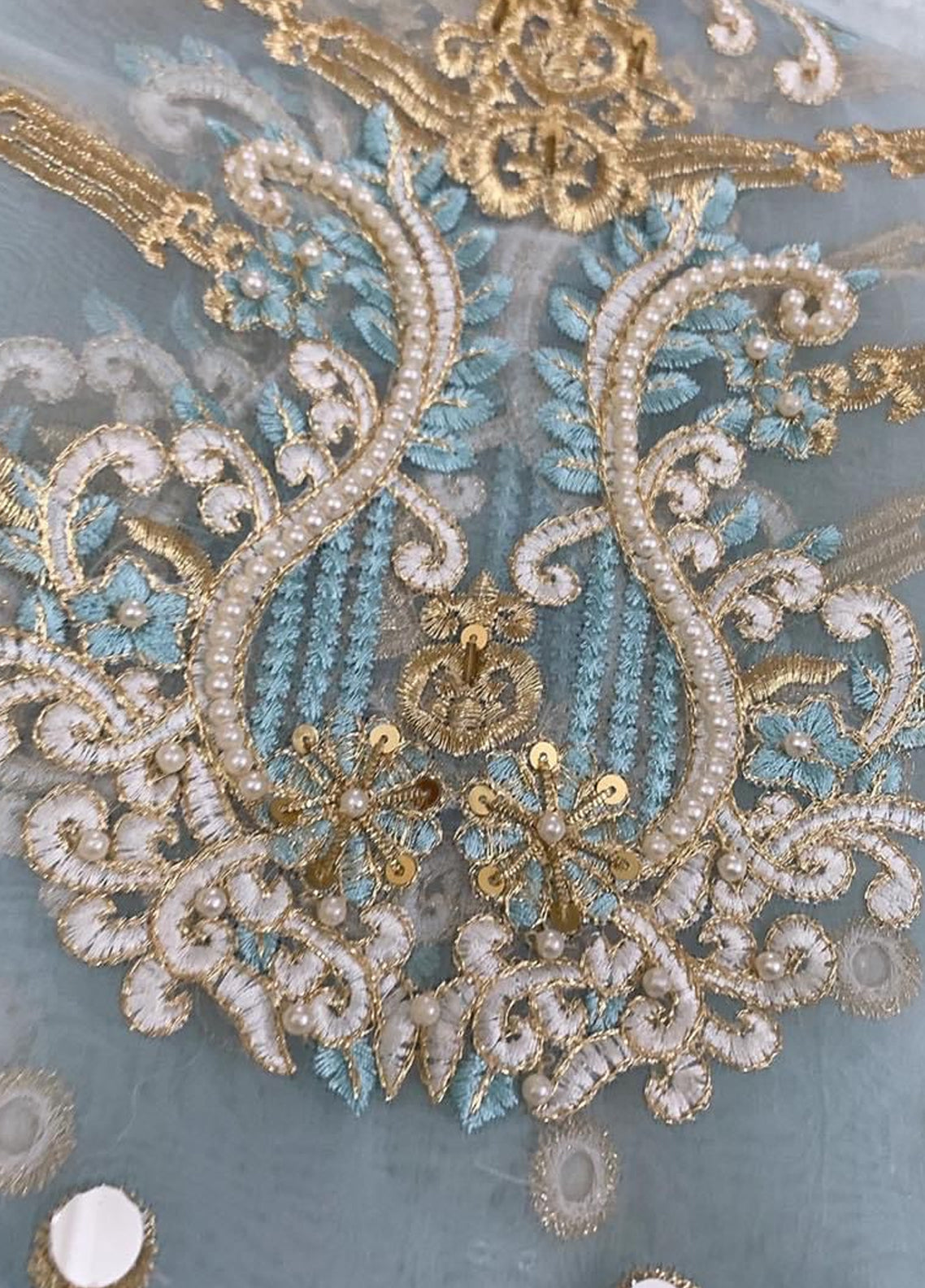 Embroidered Unstitched 3 Piece Orgnaza Suit Sky Blue Mirror-Party Wear