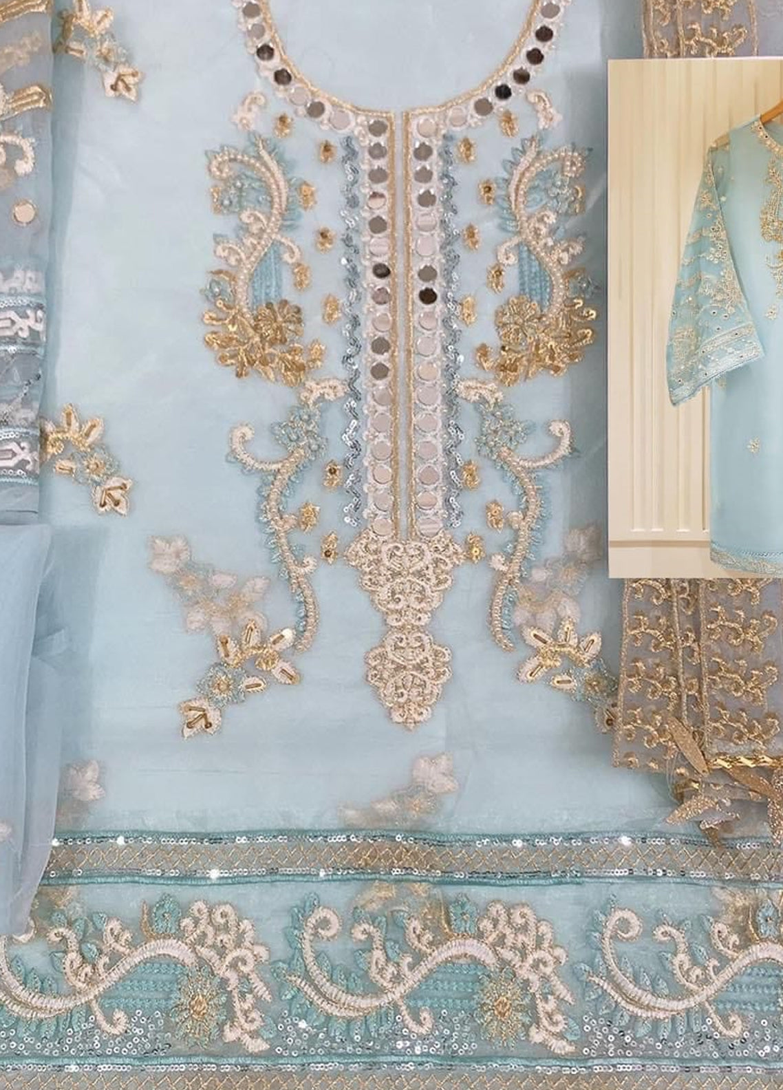Embroidered Unstitched 3 Piece Orgnaza Suit Sky Blue Mirror-Party Wear