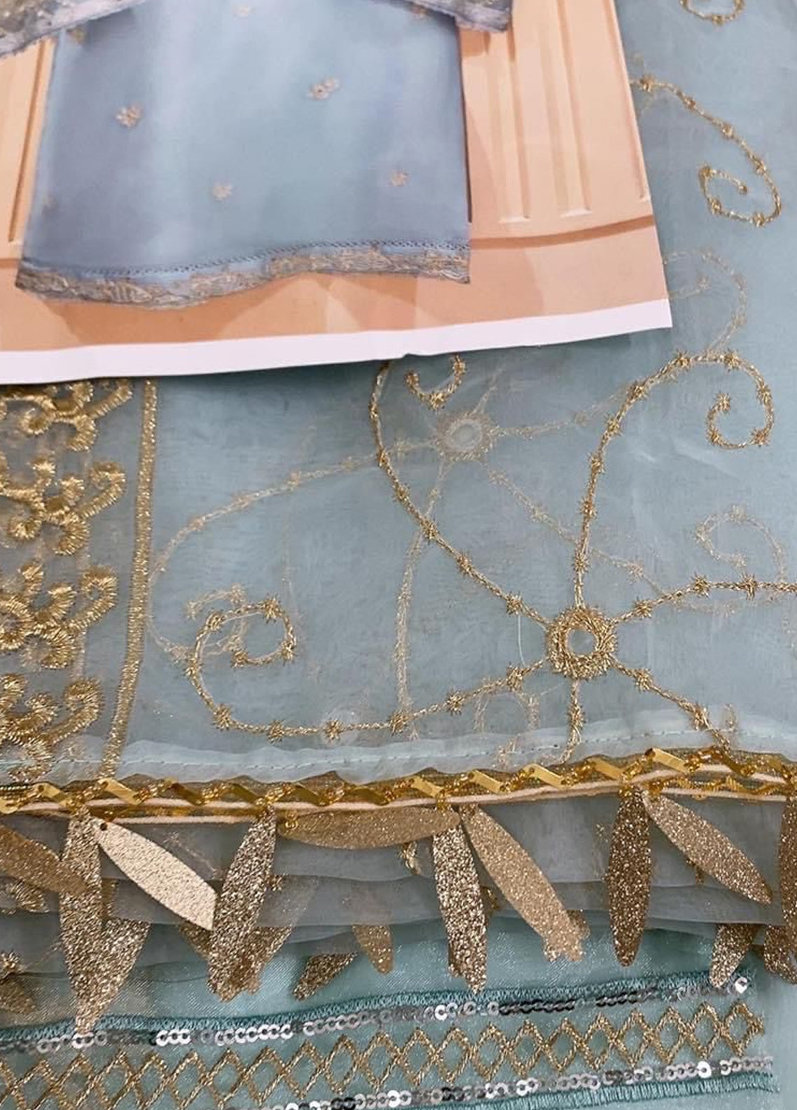 Embroidered Unstitched 3 Piece Orgnaza Suit Sky Blue Mirror-Party Wear