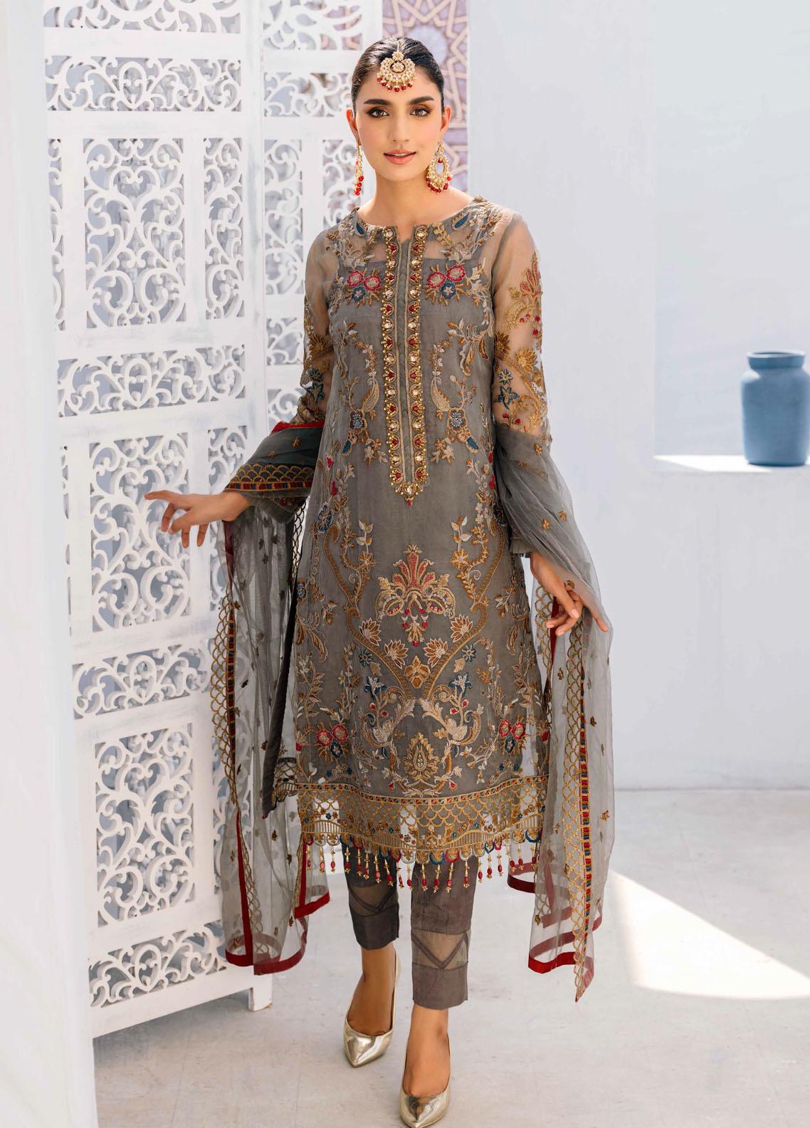 Grey Embroidered Unstitched 3 Piece Organza Suit EAC-VE-203-22 Party Wear